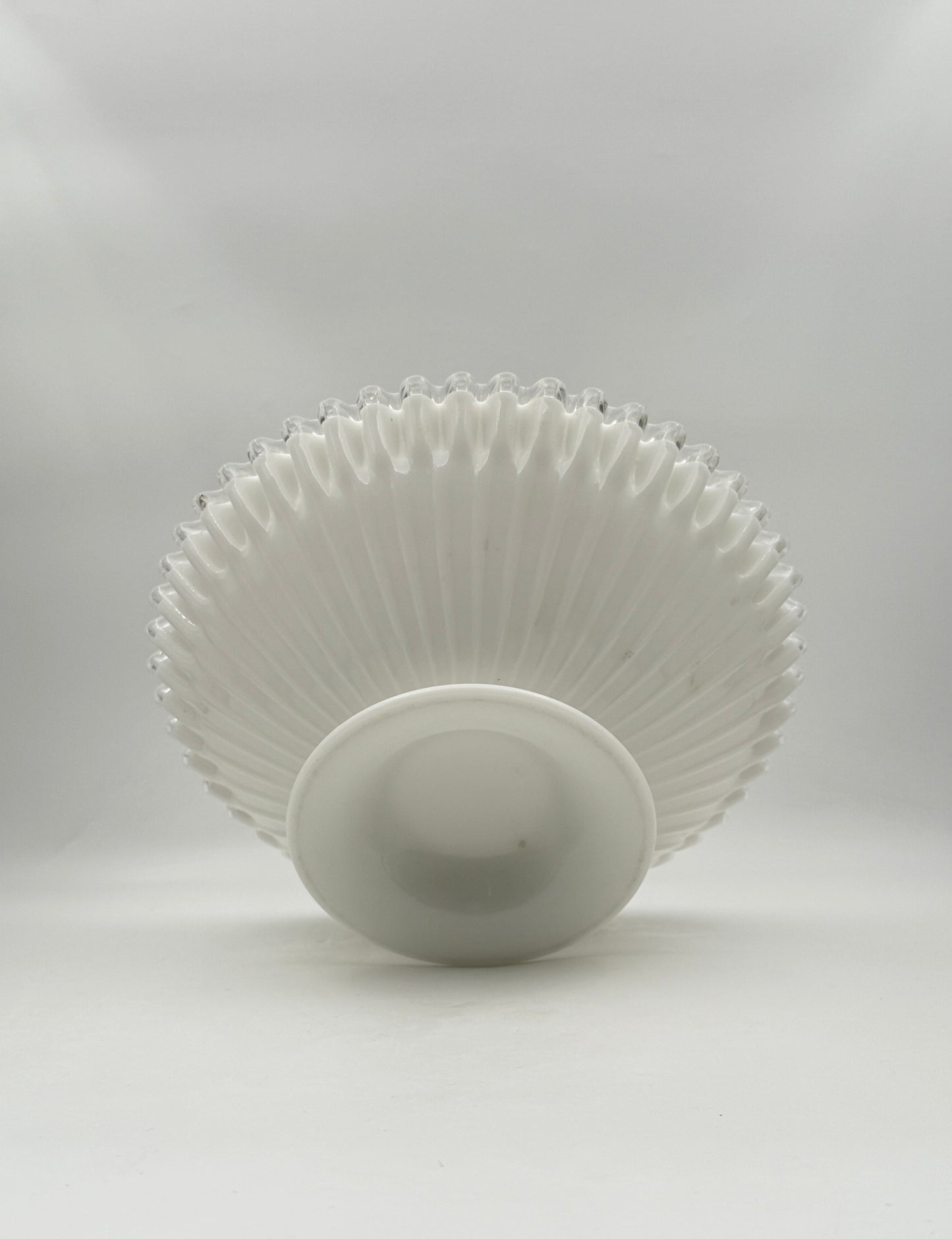Milk Glass Pedestal Bowl – White Ribbed with Clear Ruffled Edge