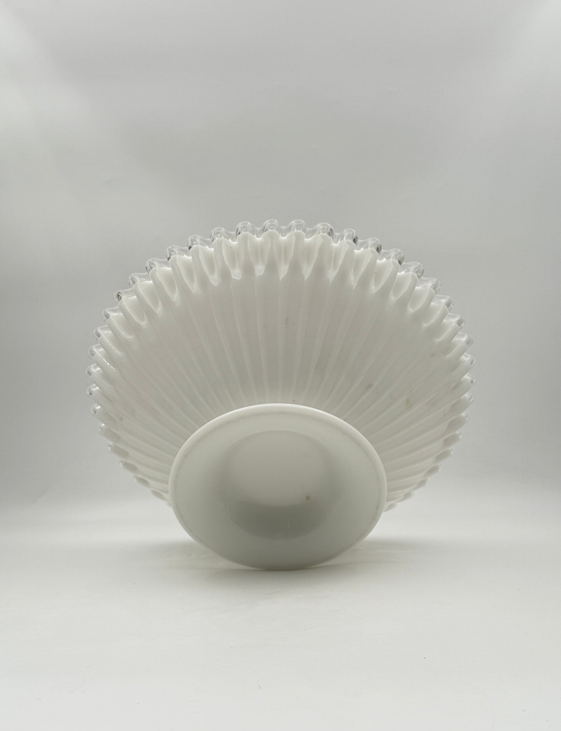 Milk Glass Pedestal Bowl – White Ribbed with Clear Ruffled Edge