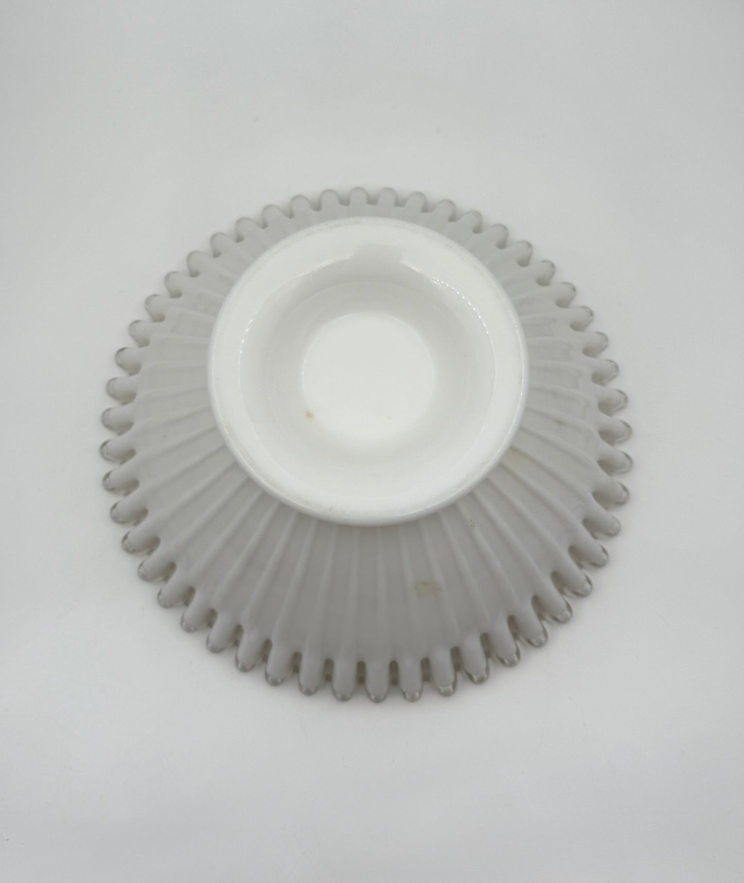 Milk Glass Pedestal Bowl – White Ribbed with Clear Ruffled Edge