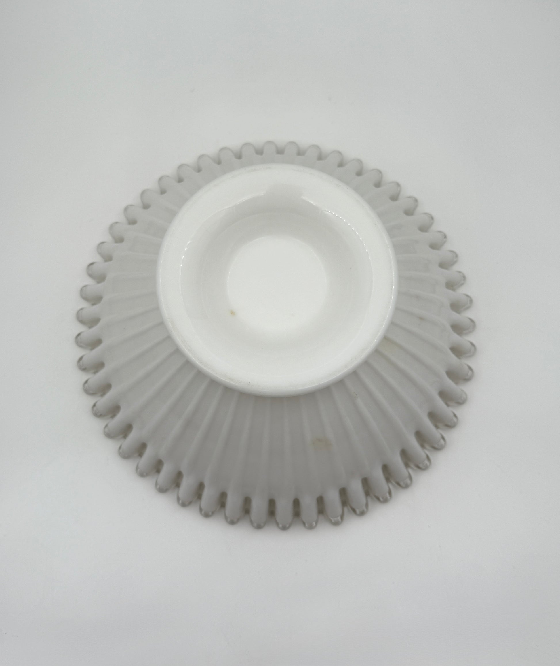 Milk Glass Pedestal Bowl – White Ribbed with Clear Ruffled Edge
