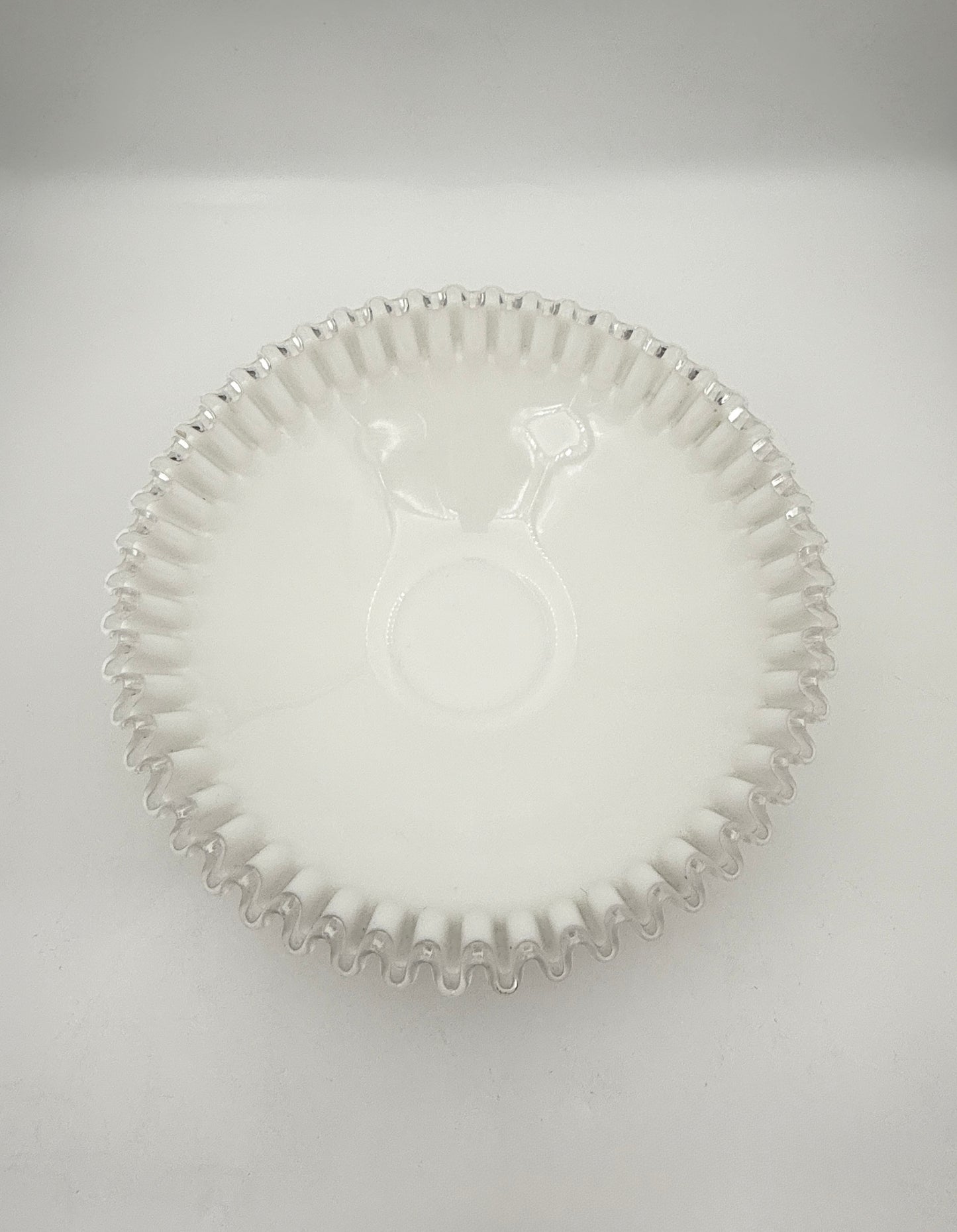 Milk Glass Pedestal Bowl – White Ribbed with Clear Ruffled Edge