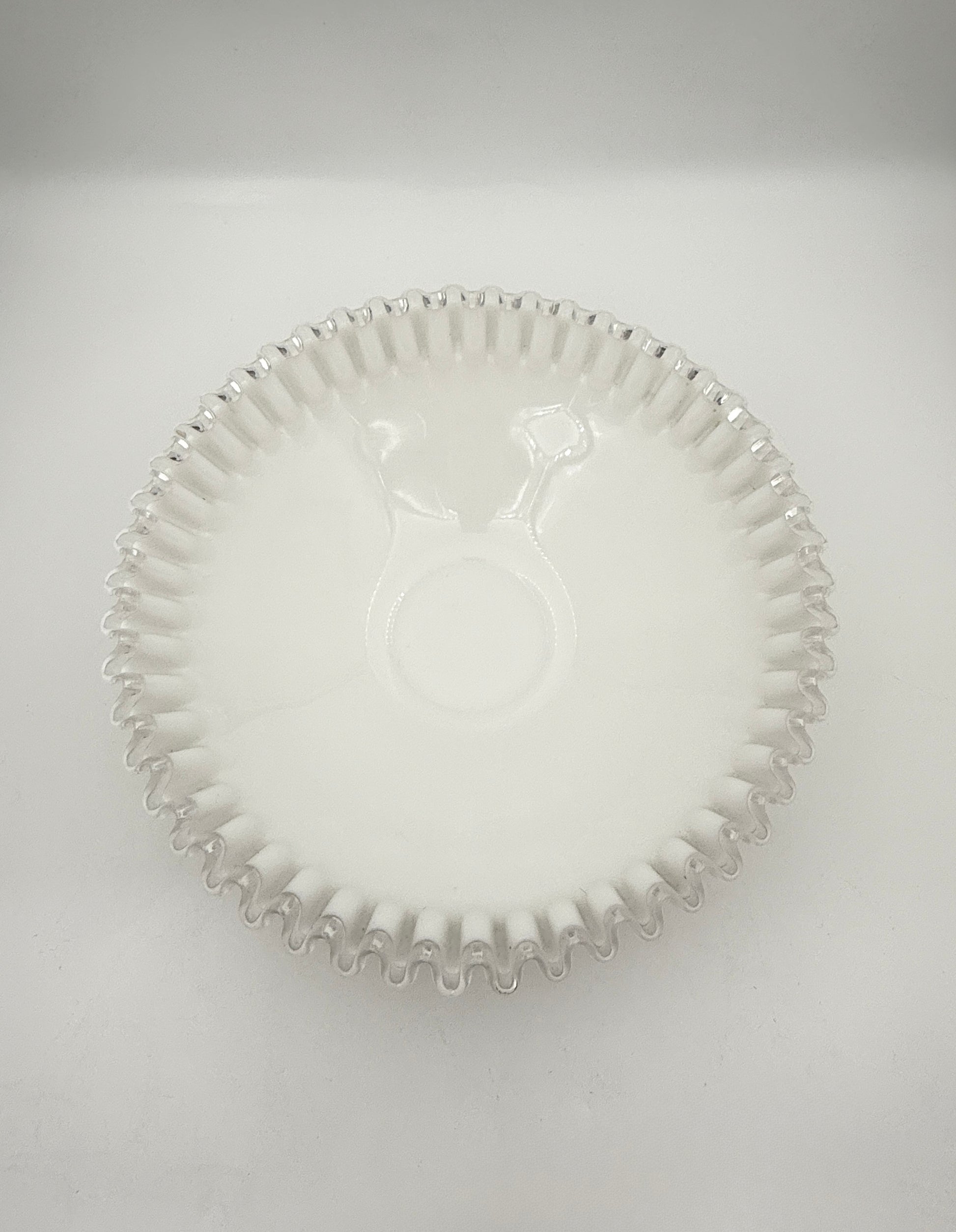 Milk Glass Pedestal Bowl – White Ribbed with Clear Ruffled Edge