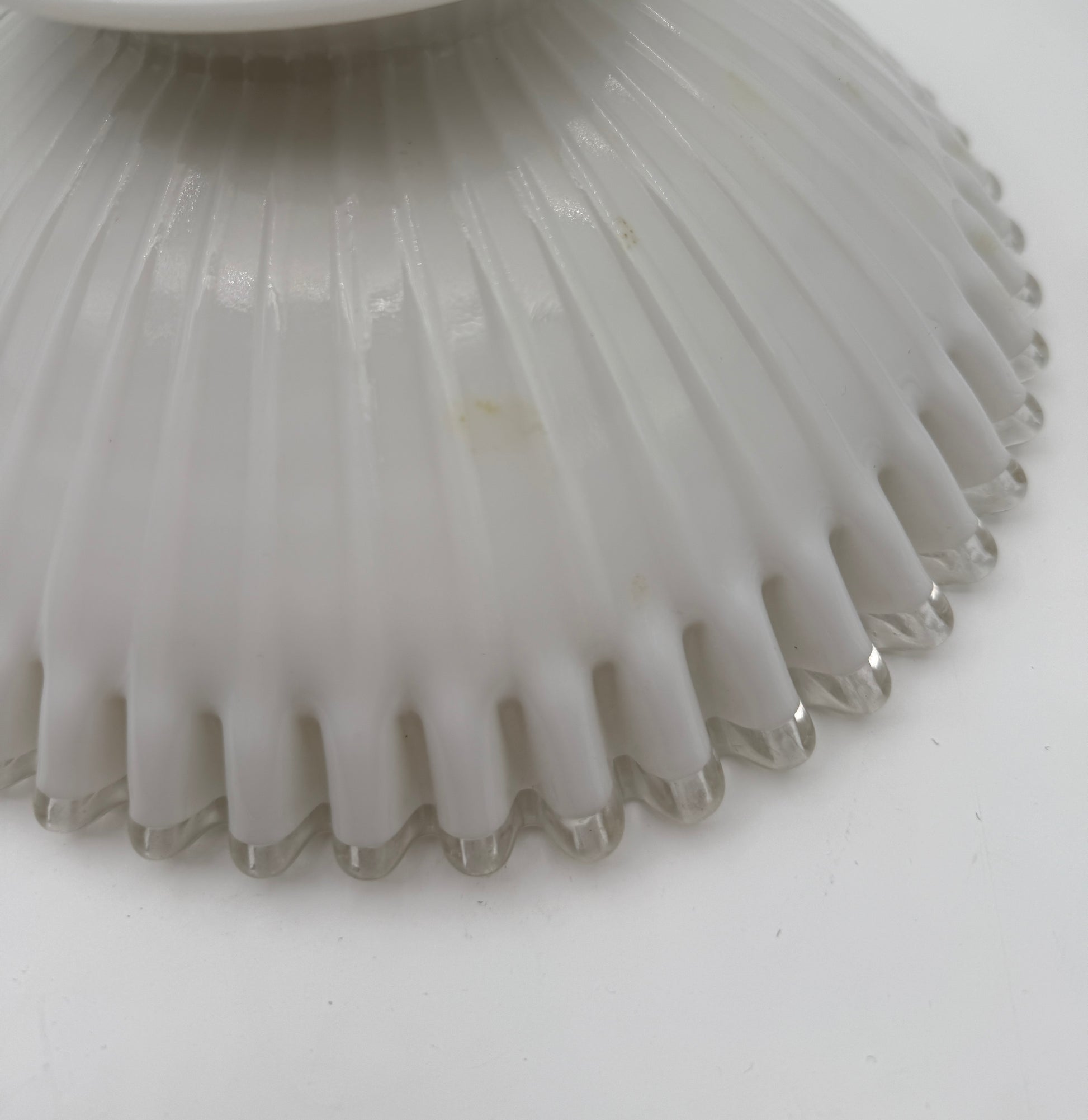 Milk Glass Pedestal Bowl – White Ribbed with Clear Ruffled Edge