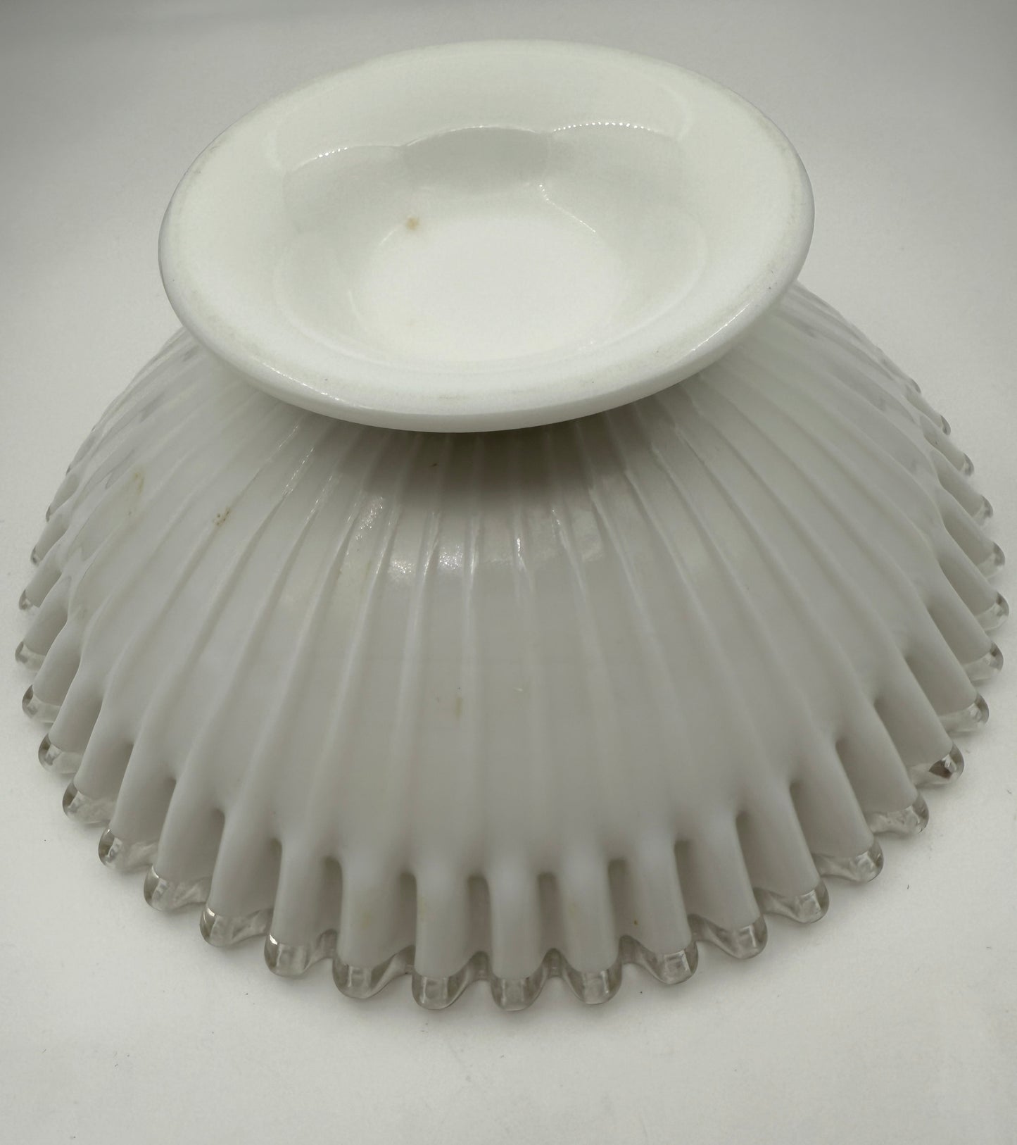 Milk Glass Pedestal Bowl – White Ribbed with Clear Ruffled Edge