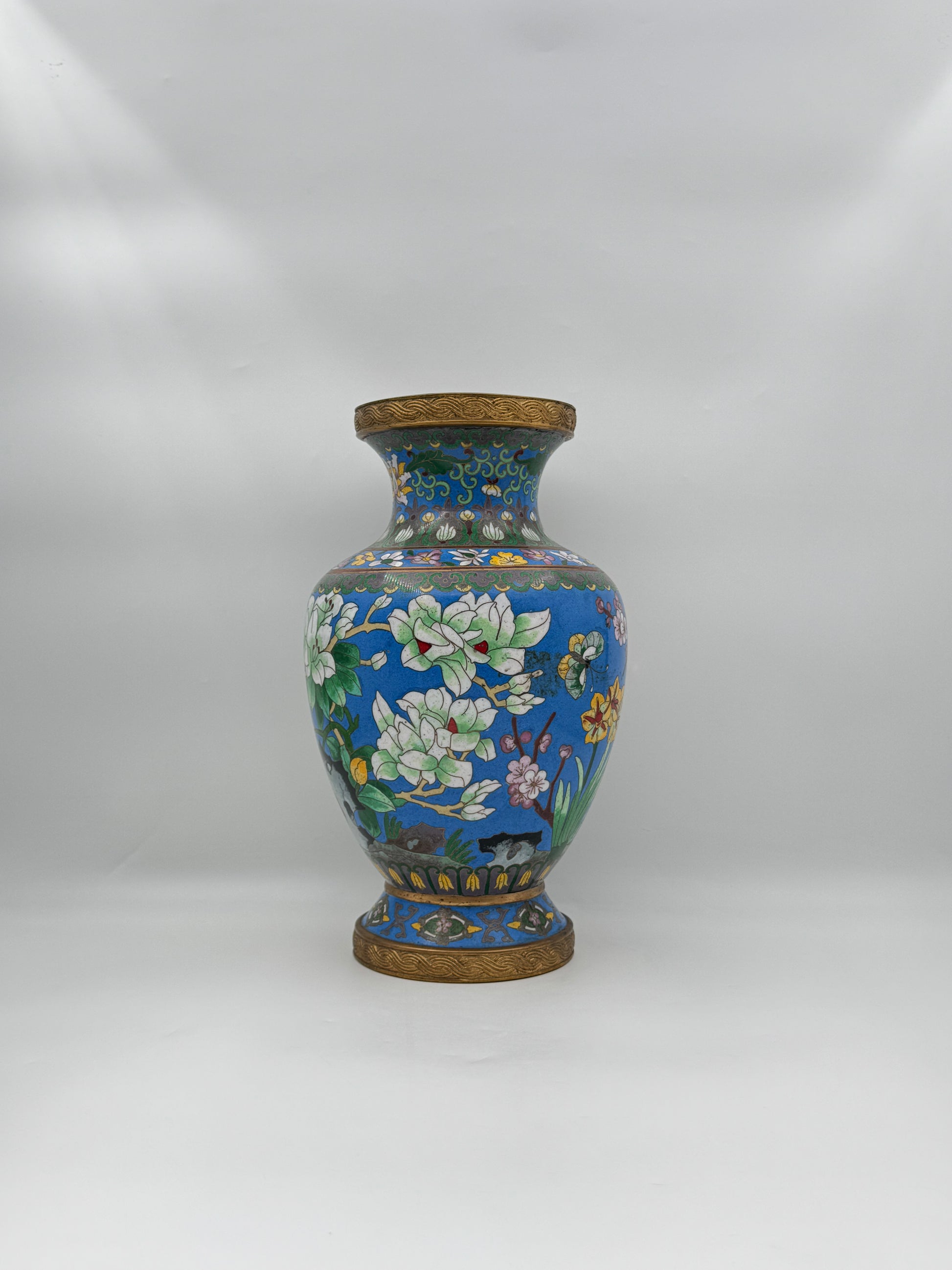 Vintage Blue Cloisonne Enamel Vase with Flowers Birds & Butterfly Art