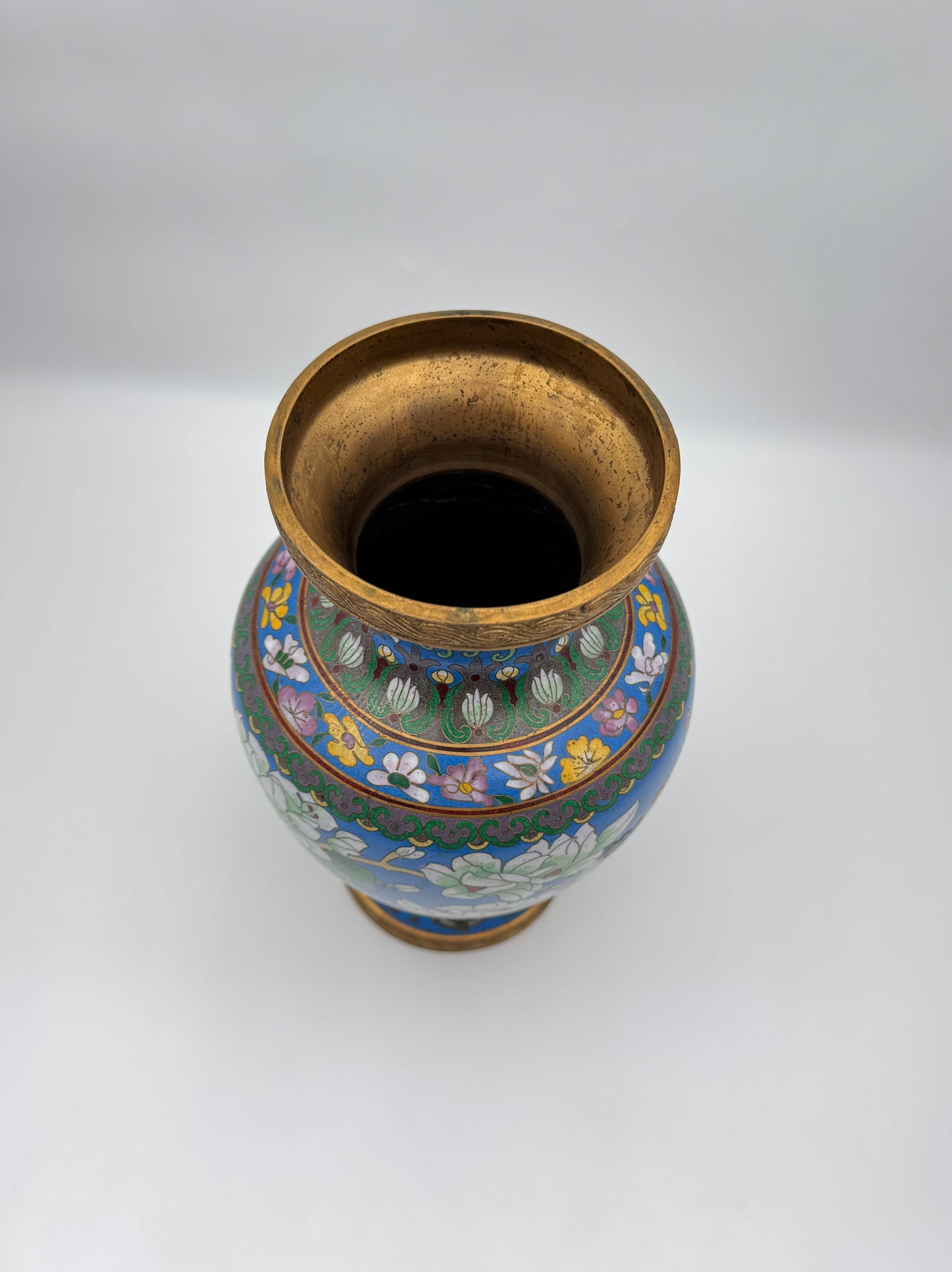 Vintage Blue Cloisonne Enamel Vase with Flowers Birds & Butterfly Art