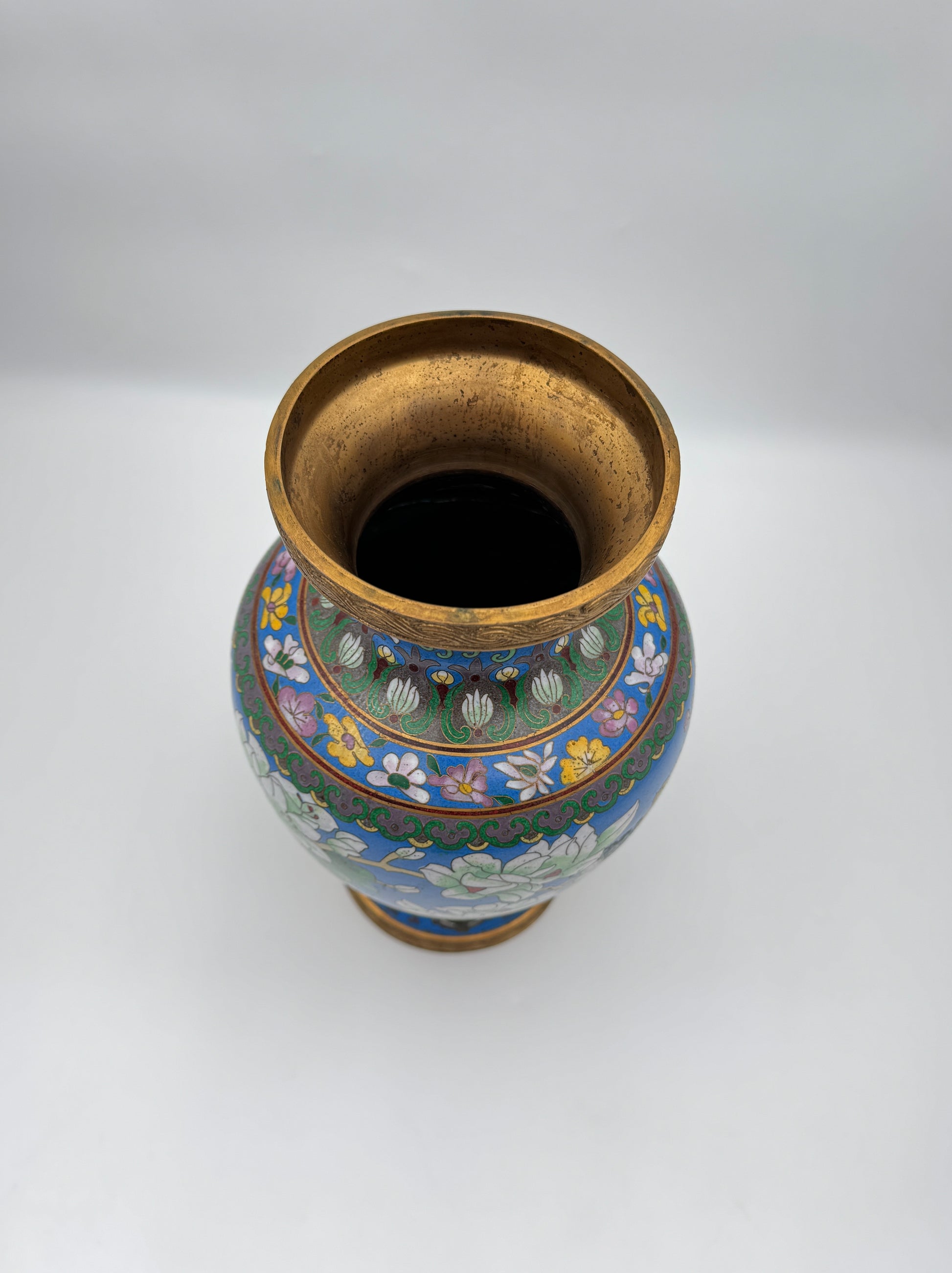 Vintage Blue Cloisonne Enamel Vase with Flowers Birds & Butterfly Art