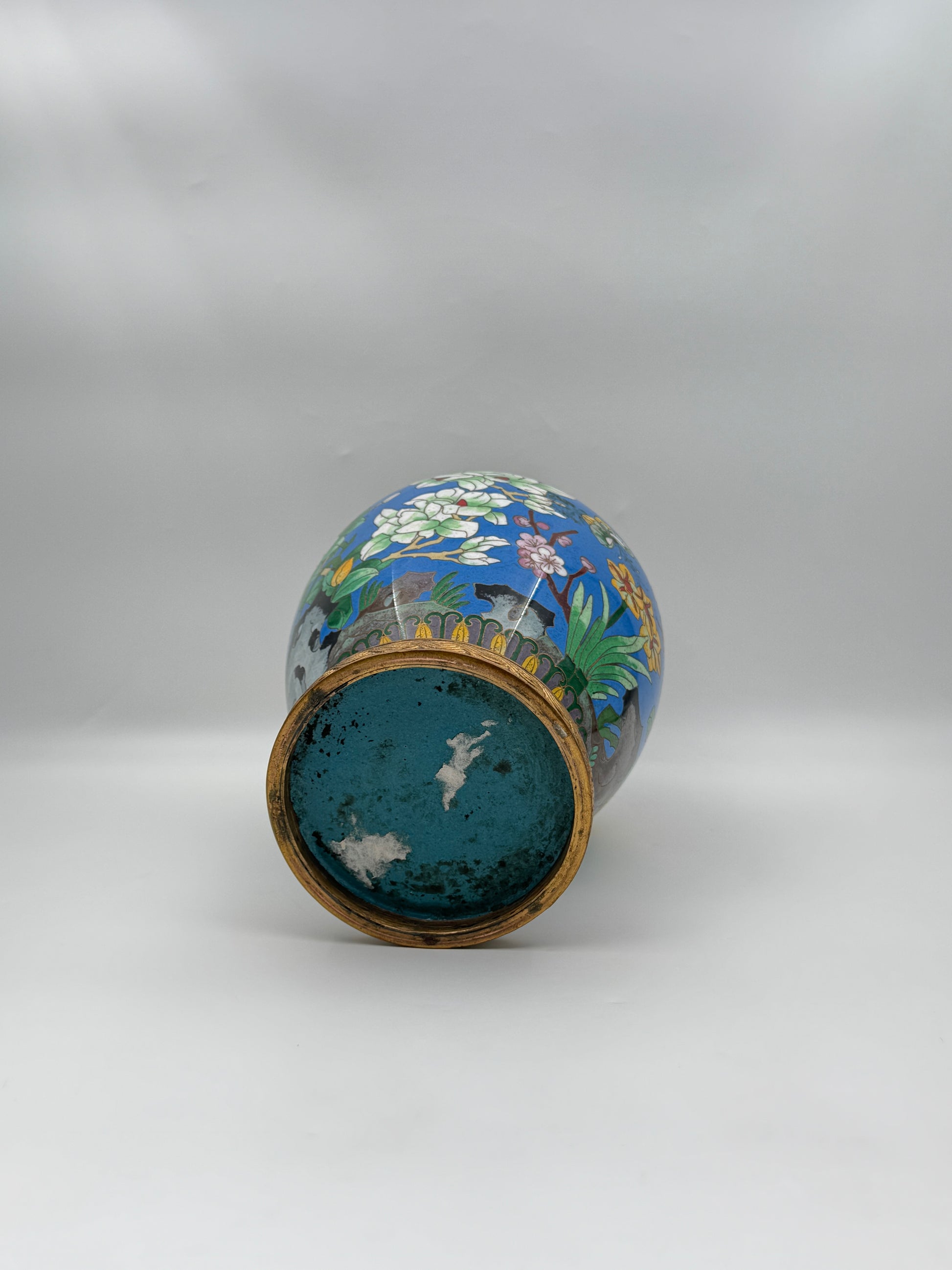 Vintage Blue Cloisonne Enamel Vase with Flowers Birds & Butterfly Art