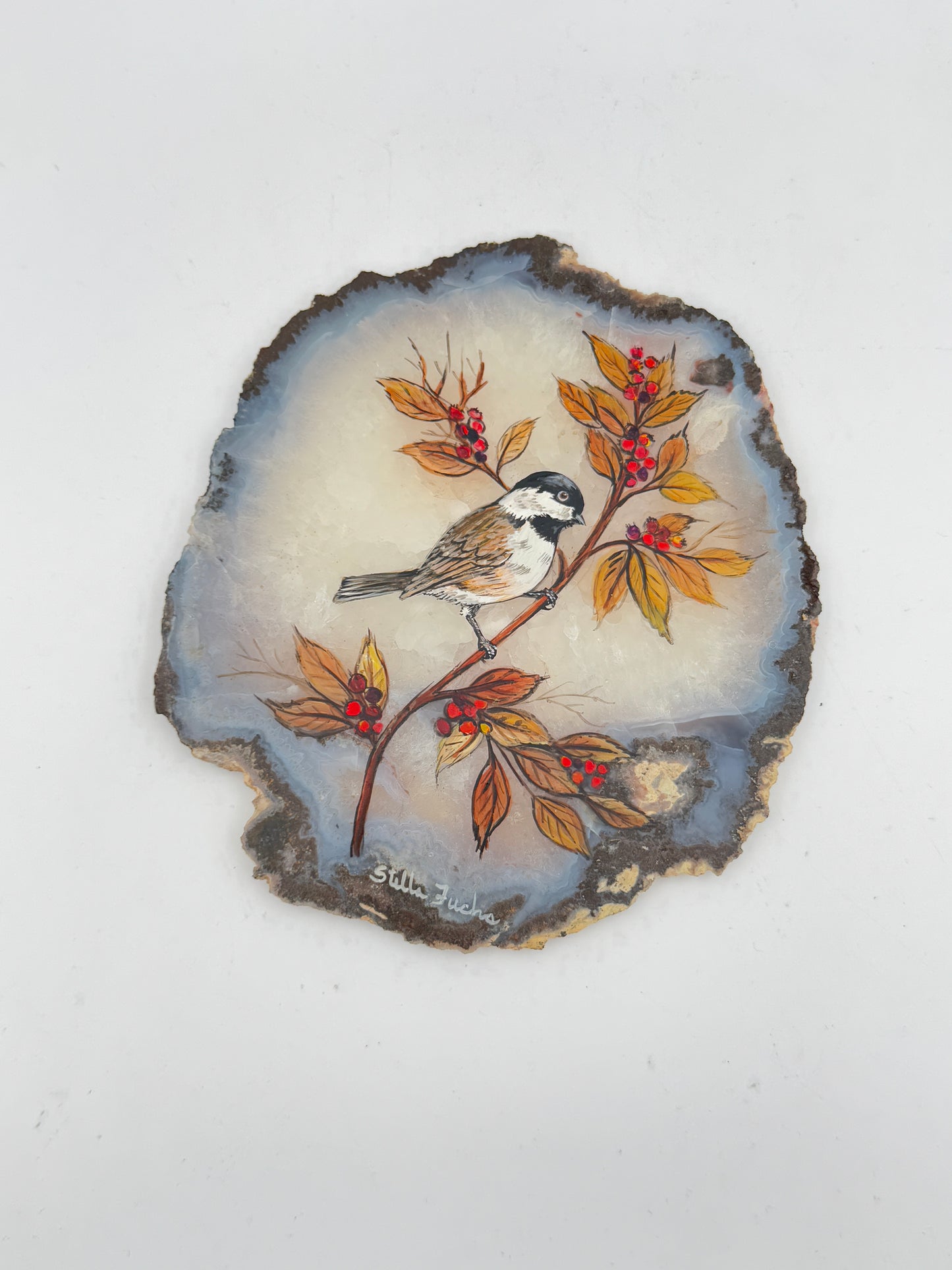 Hand-Painted Black-Capped Chickadee on Agate Slice by Stella Fuchs – Vintage Nature Art