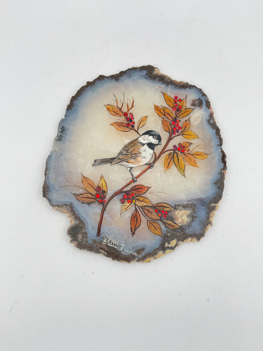 Hand-Painted Black-Capped Chickadee on Agate Slice by Stella Fuchs – Vintage Nature Art