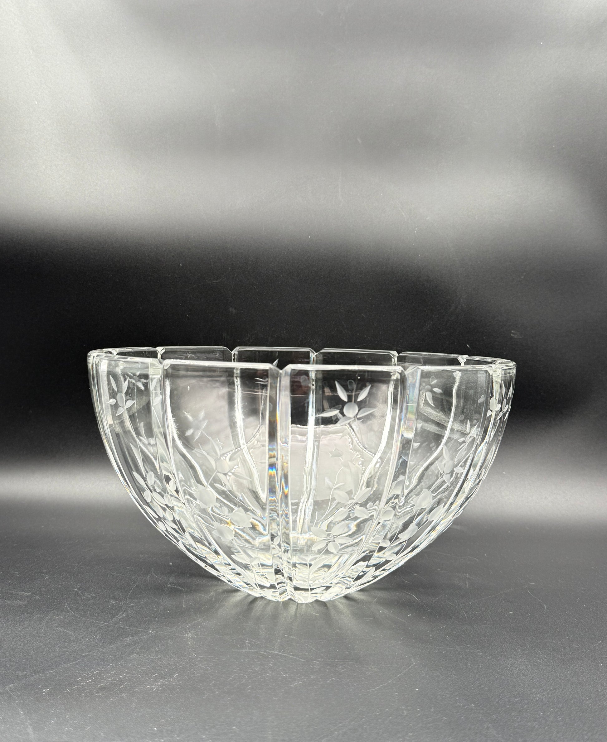 Rogaska “Galia” Cut Crystal Bowl – Floral Etched Ribbed Design