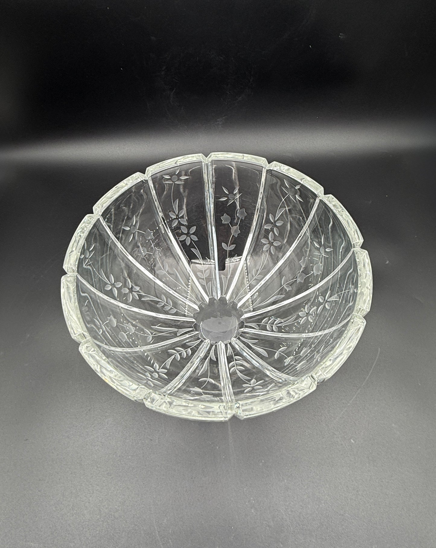 Rogaska “Galia” Cut Crystal Bowl – Floral Etched Ribbed Design