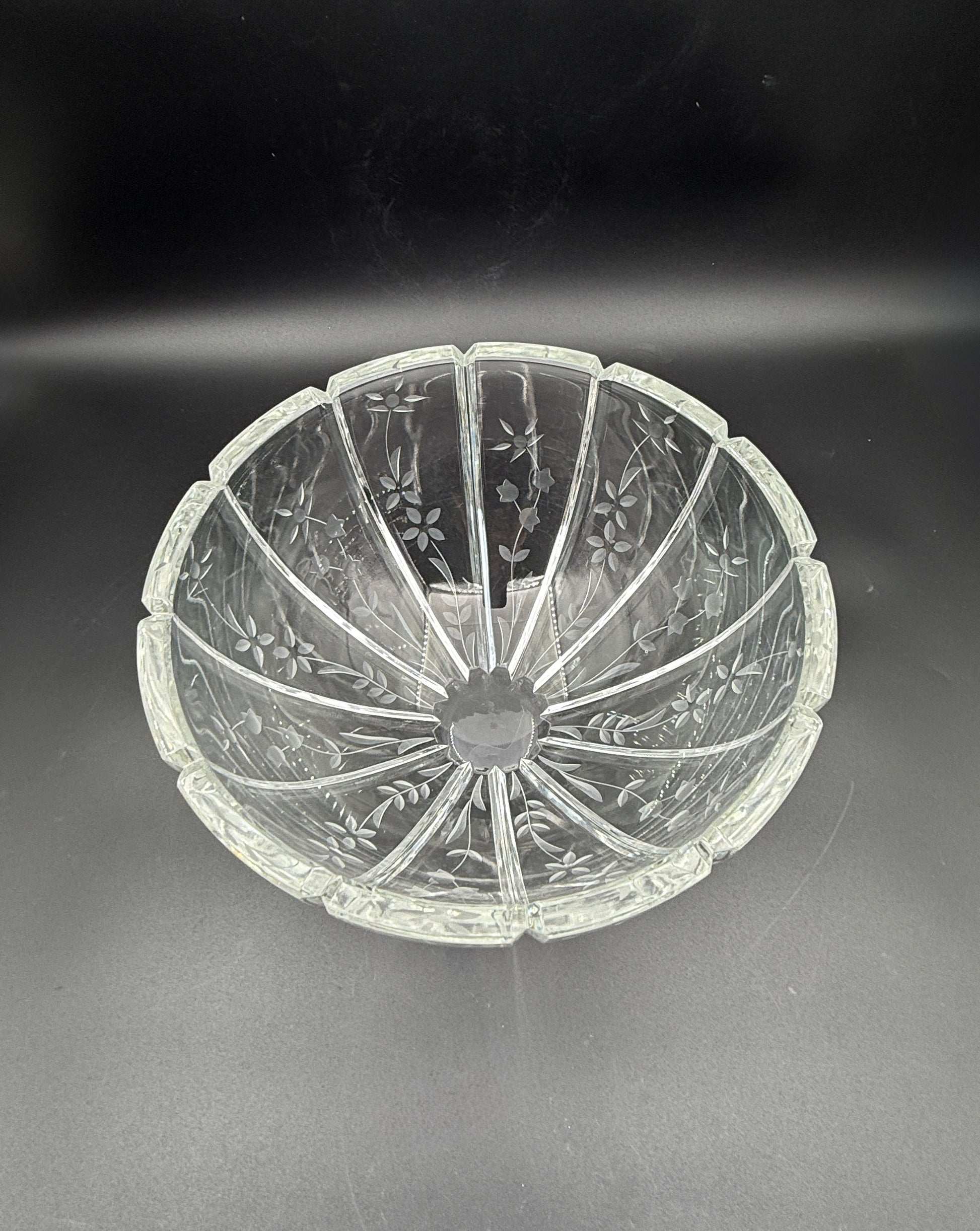 Rogaska “Galia” Cut Crystal Bowl – Floral Etched Ribbed Design