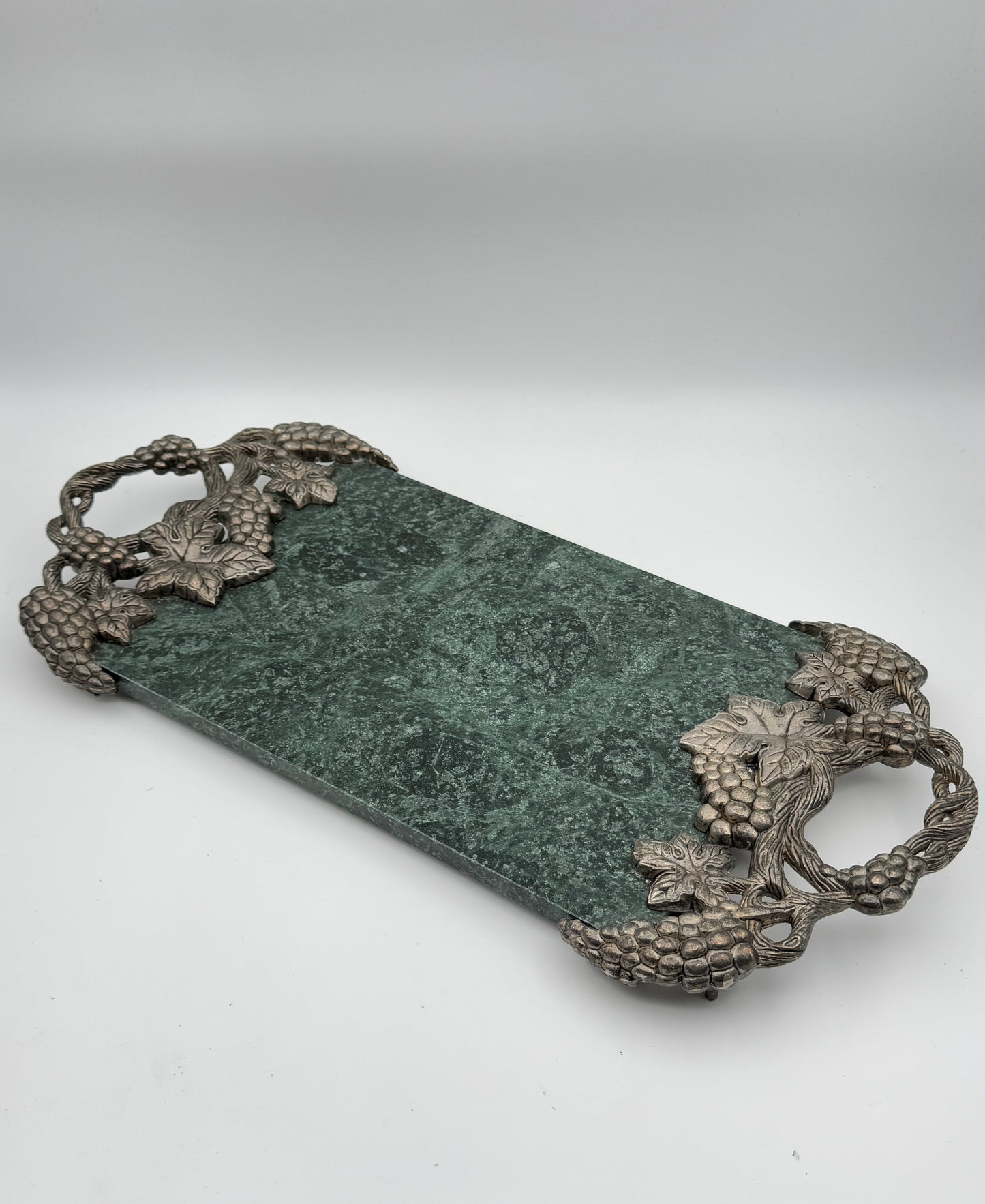 Goldinger Silver Art Co. Green Marble Serving Tray with Ornate Grape Vine Handles