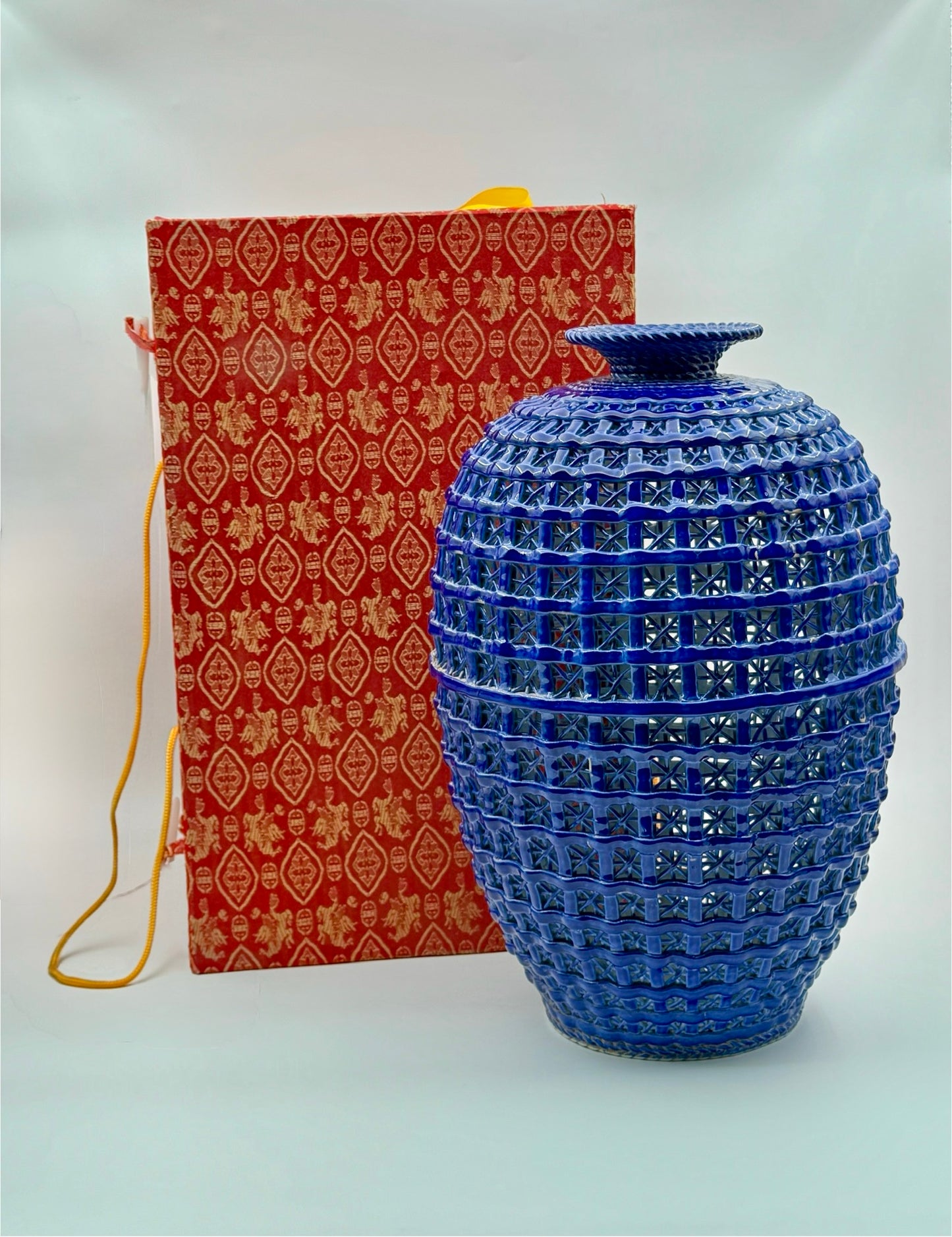Pair of Chinese Woven Porcelain Vases with Silk Boxes
