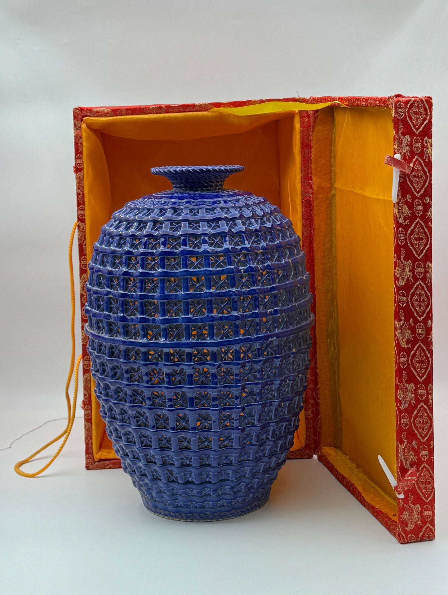 Pair of Chinese Woven Porcelain Vases with Silk Boxes