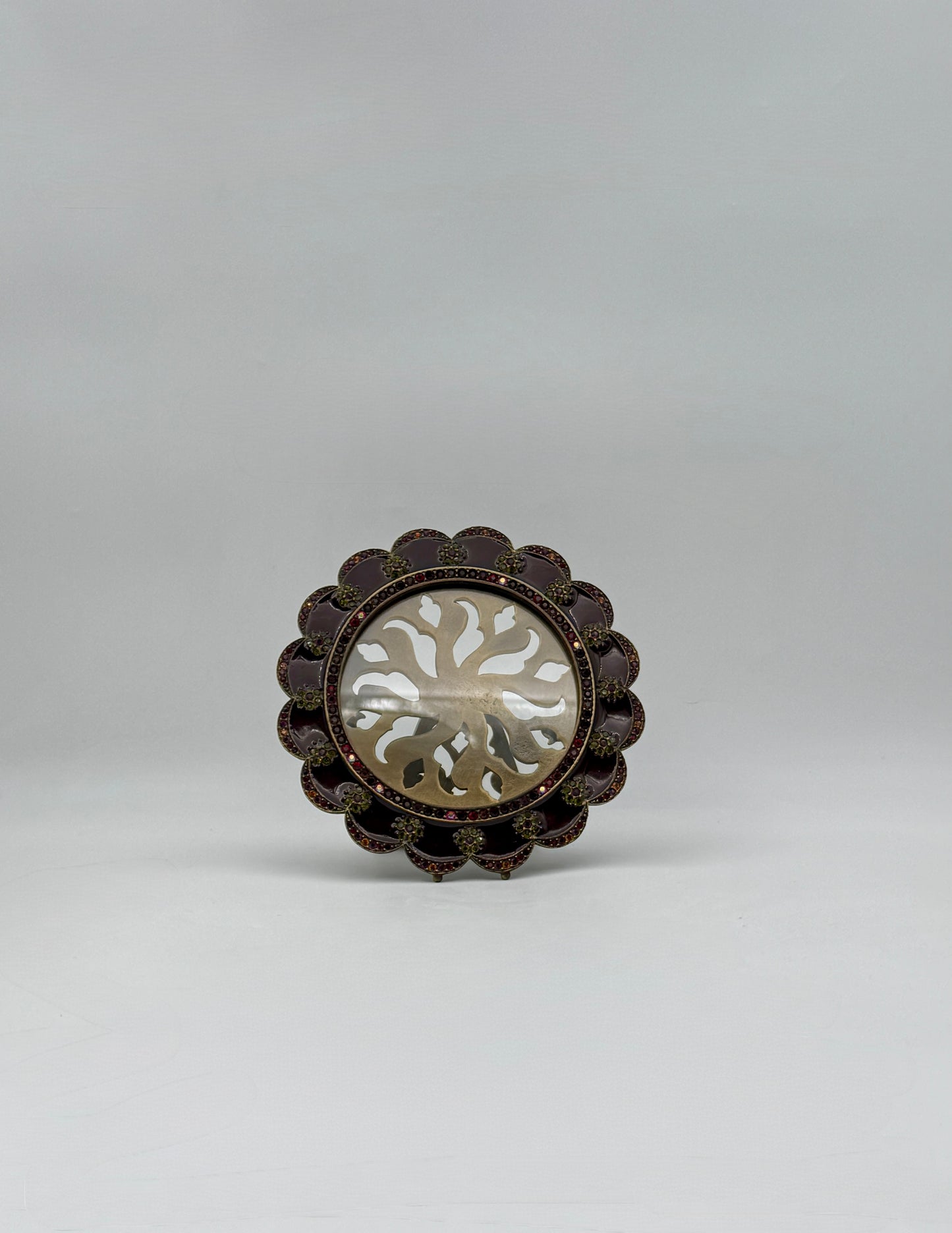 Jay Strongwater Scalloped Round Frame Burgundy Enamel Green Swarovski