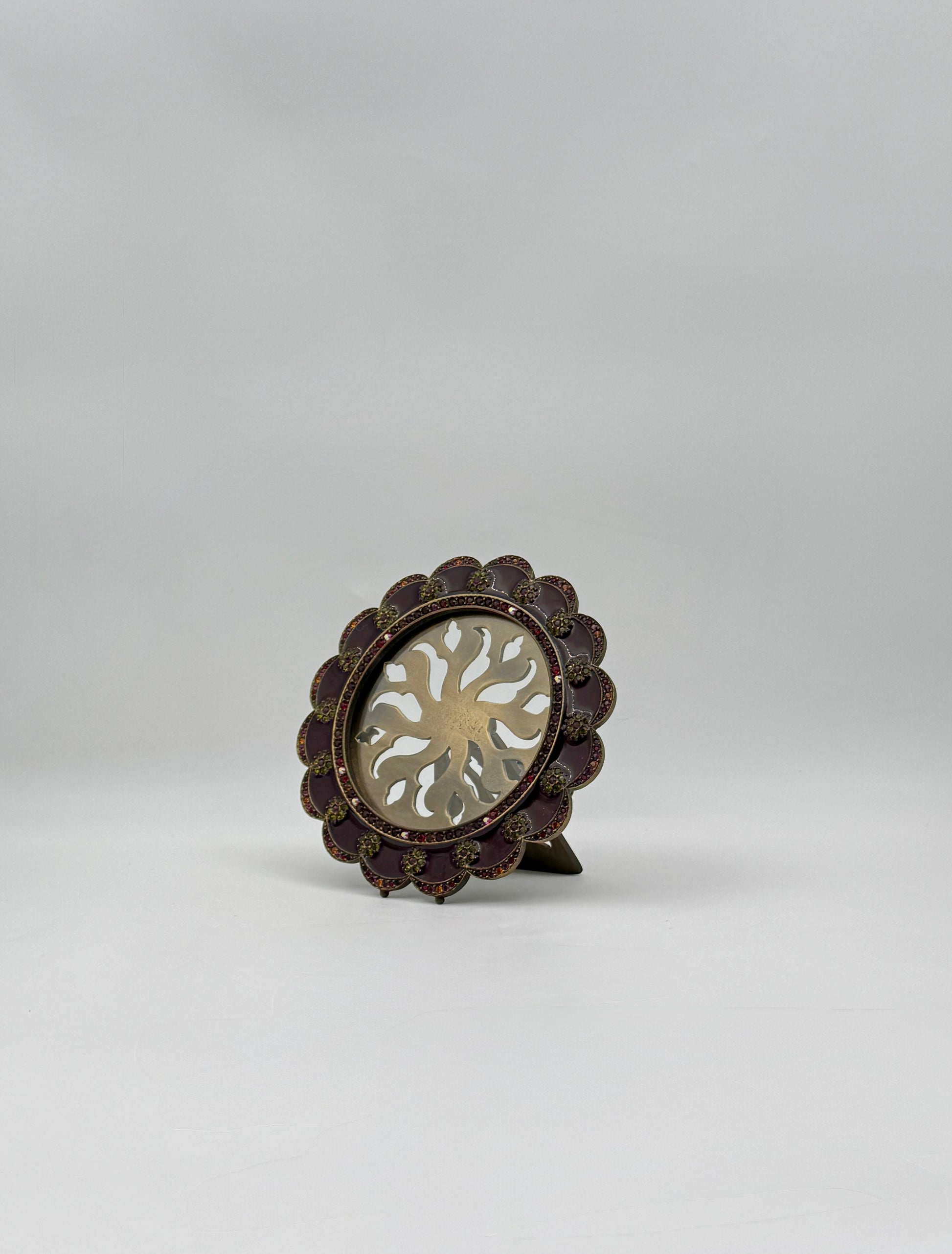 Jay Strongwater Scalloped Round Frame Burgundy Enamel Green Swarovski