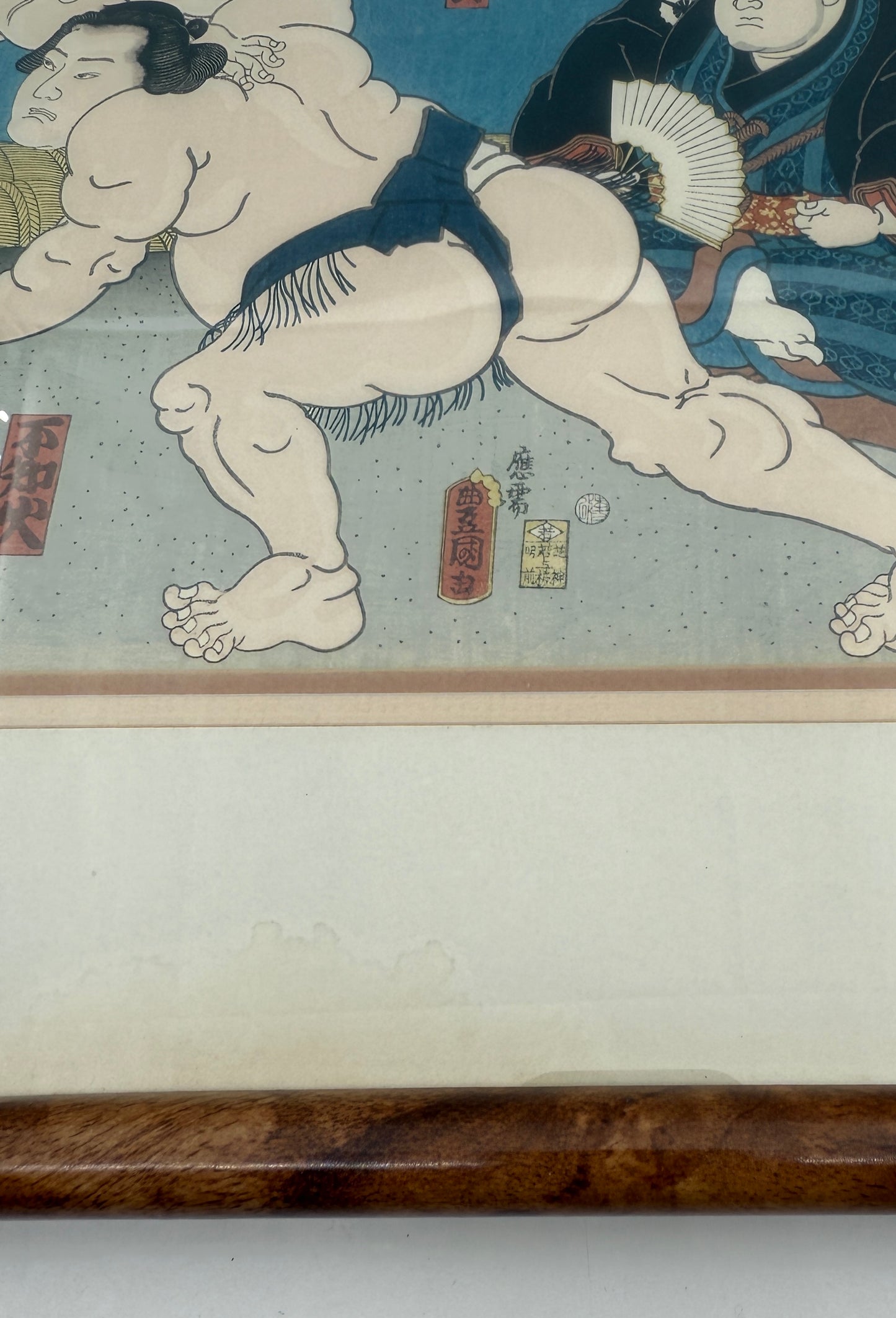 Framed Woodblock Print Sumo Wrestlers After Kunisada Japanese Art Work