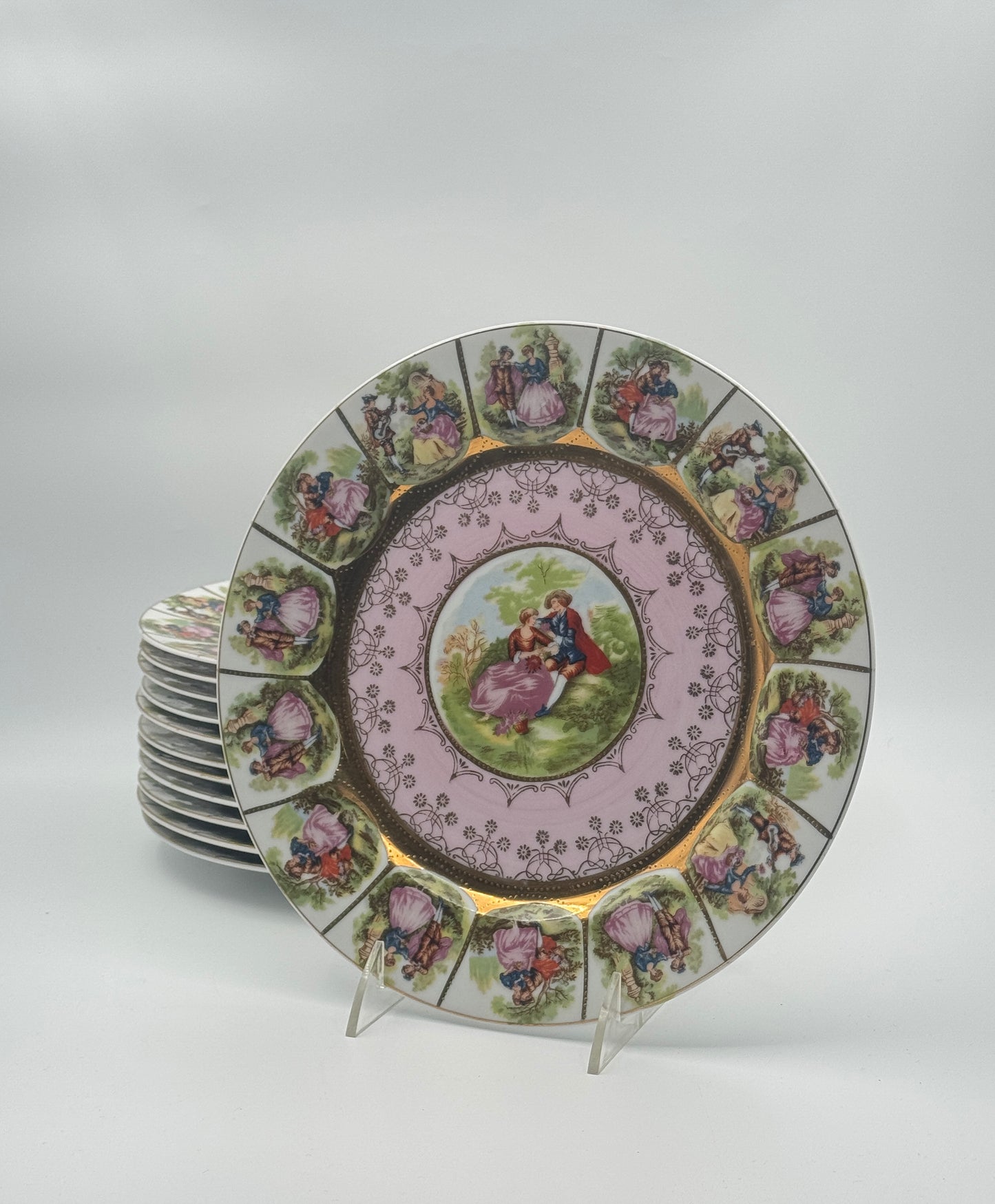 Porcelain Painted Plates with Gilt Rim – Set of 12