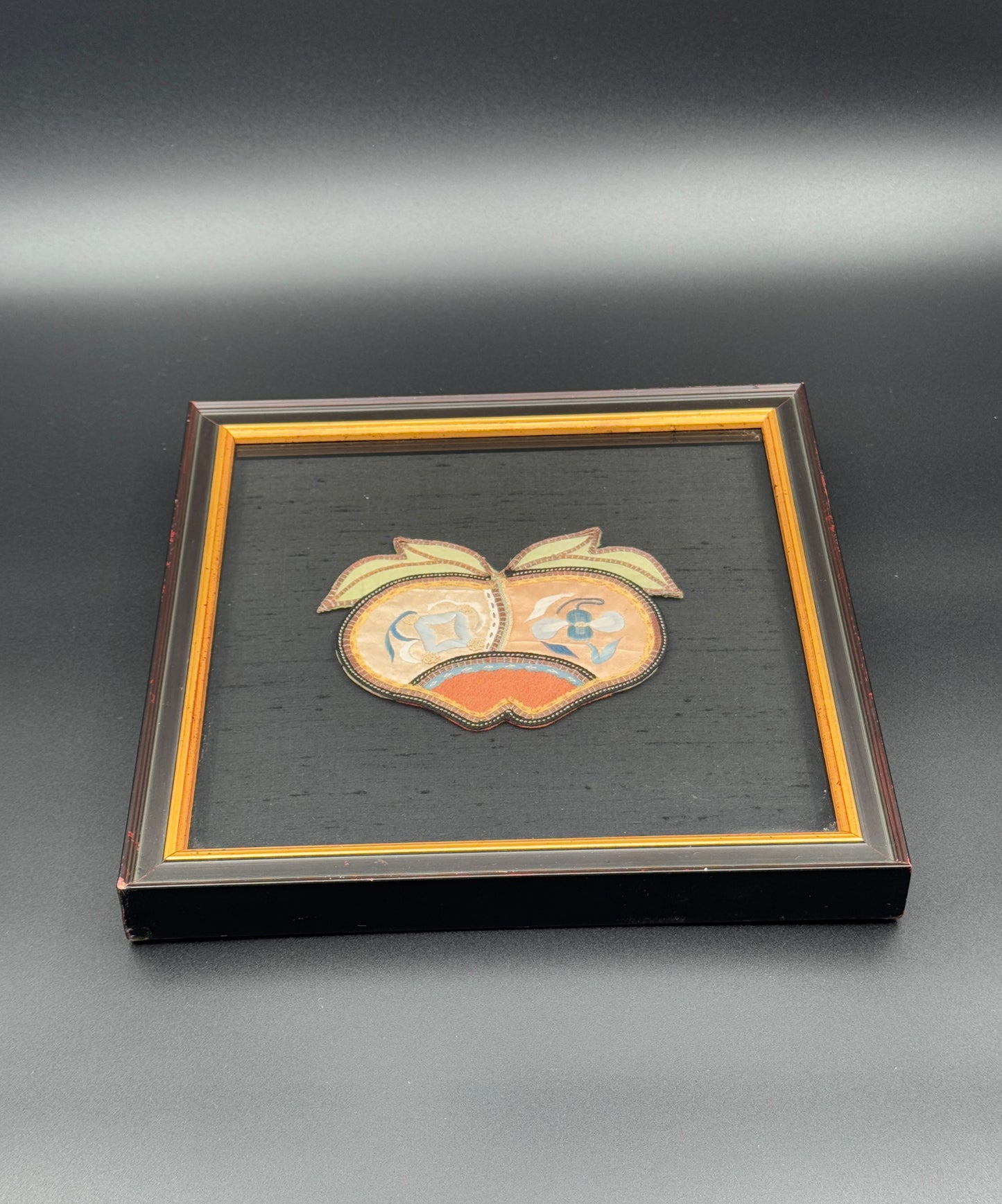 Framed Chinese Silk Embroidery – Double Peach Symbol on Black Silk Background