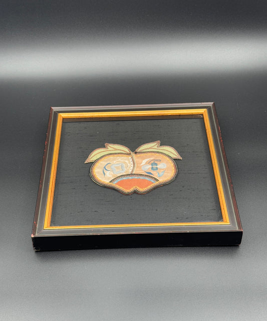 Framed Chinese Silk Embroidery – Double Peach Symbol on Black Silk Background