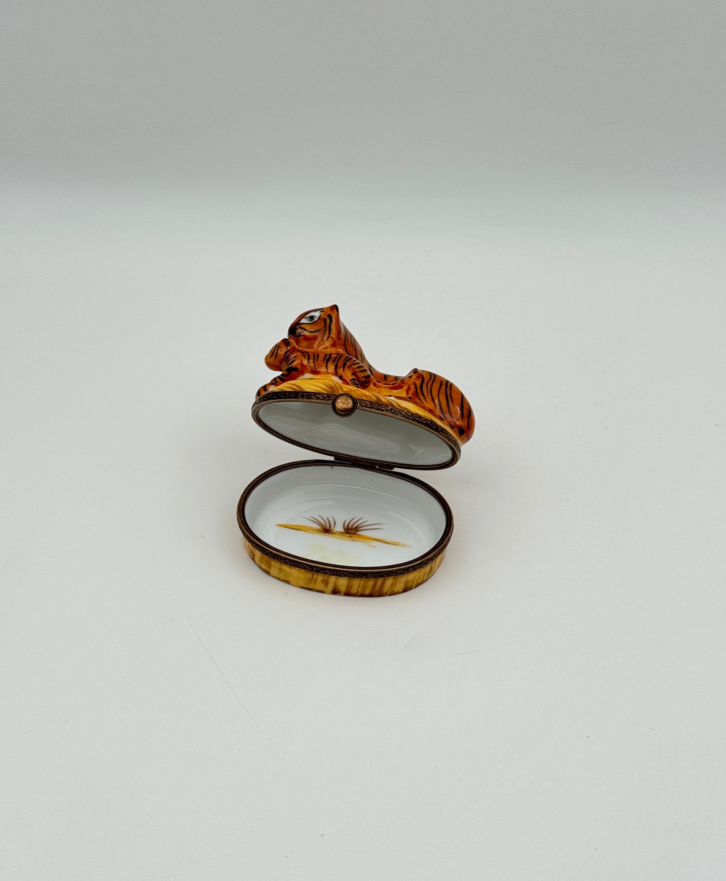 Limoges France Tiger Mother & Cub Porcelain Trinket Box Art Gift