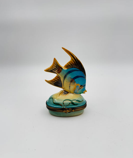 Hand-Painted Limoges France Porcelain Trinket Box – Blue & Gold Tropical Fish on Ocean Base – Collectible French Keepsake