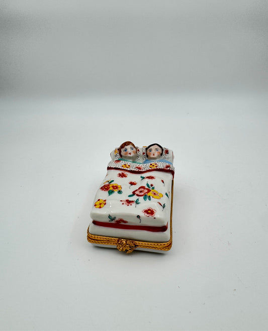 Authentic Limoges France Hand-Painted Porcelain Trinket Box – Sleeping couple in Floral Bed – Collectible Hinged Keepsake