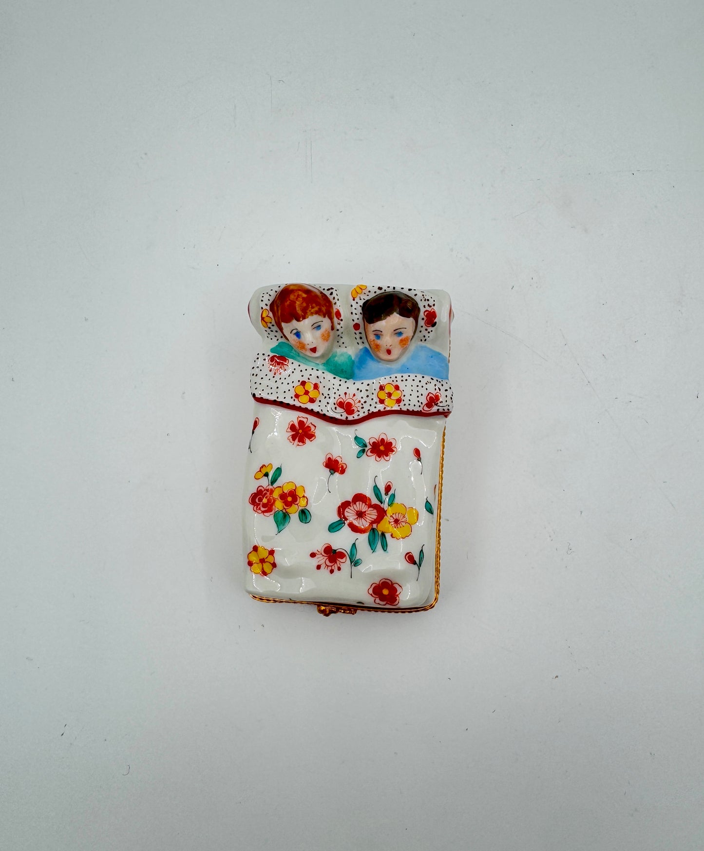 Authentic Limoges France Hand-Painted Porcelain Trinket Box – Sleeping couple in Floral Bed – Collectible Hinged Keepsake