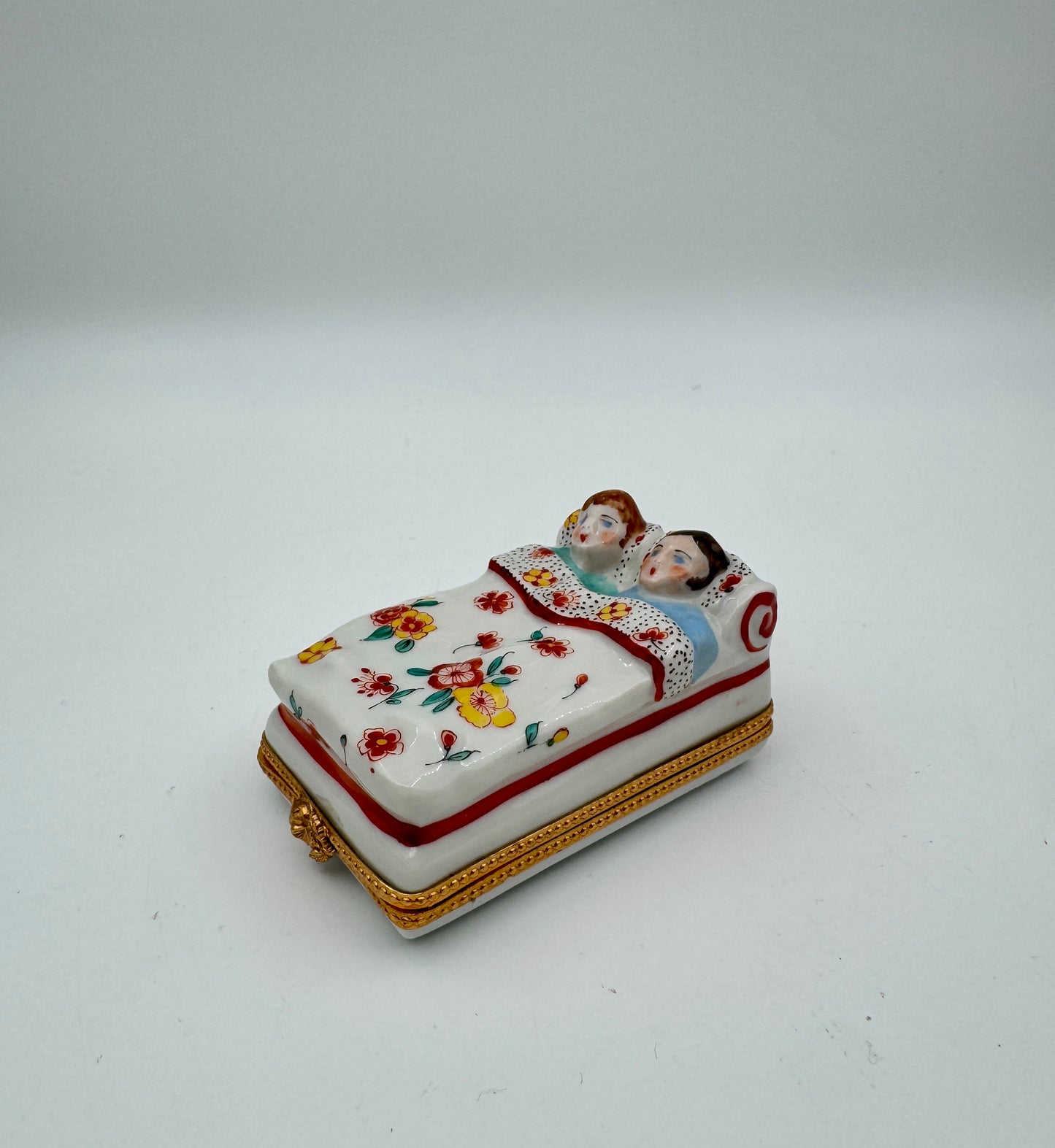 Authentic Limoges France Hand-Painted Porcelain Trinket Box – Sleeping couple in Floral Bed – Collectible Hinged Keepsake