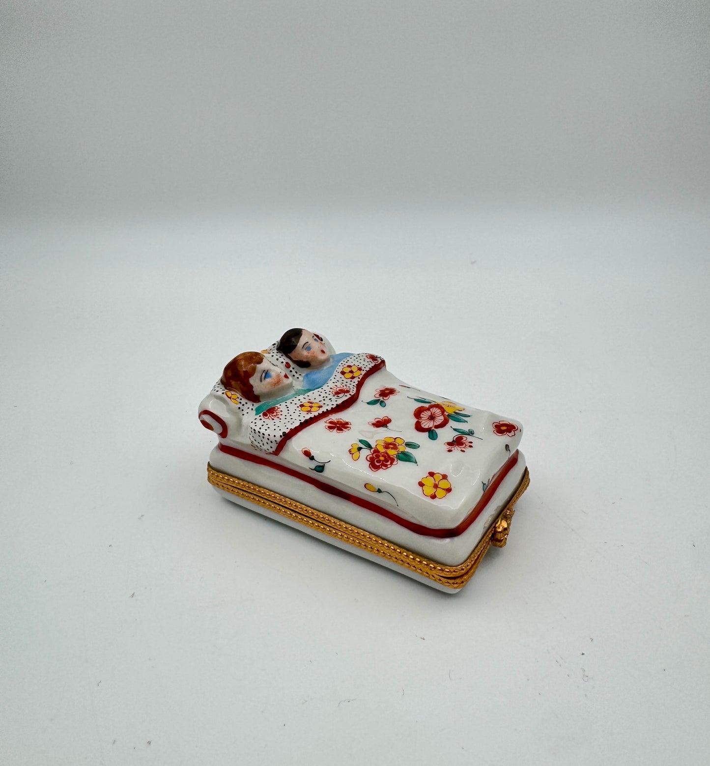 Authentic Limoges France Hand-Painted Porcelain Trinket Box – Sleeping couple in Floral Bed – Collectible Hinged Keepsake