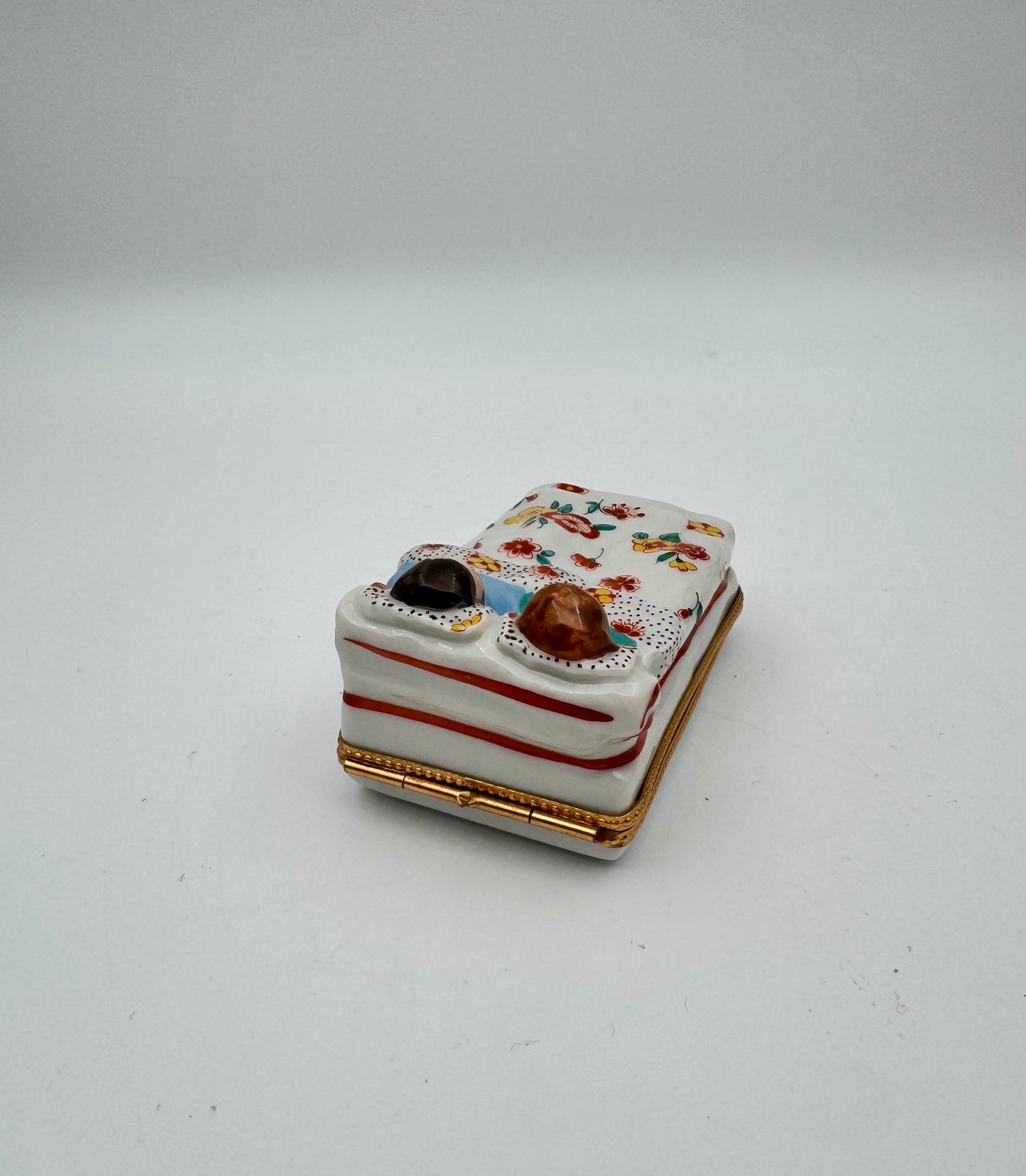 Authentic Limoges France Hand-Painted Porcelain Trinket Box – Sleeping couple in Floral Bed – Collectible Hinged Keepsake