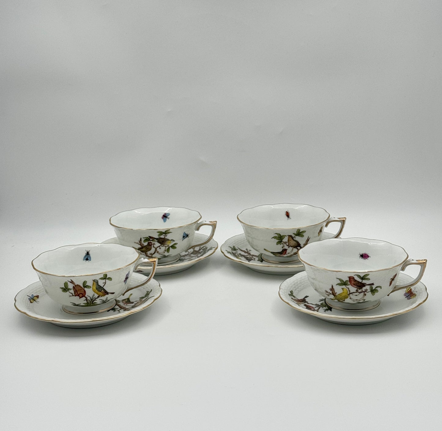 Herend Porcelain Cup & Saucer Set – Rothschild Bird & Butterfly – Set of 4