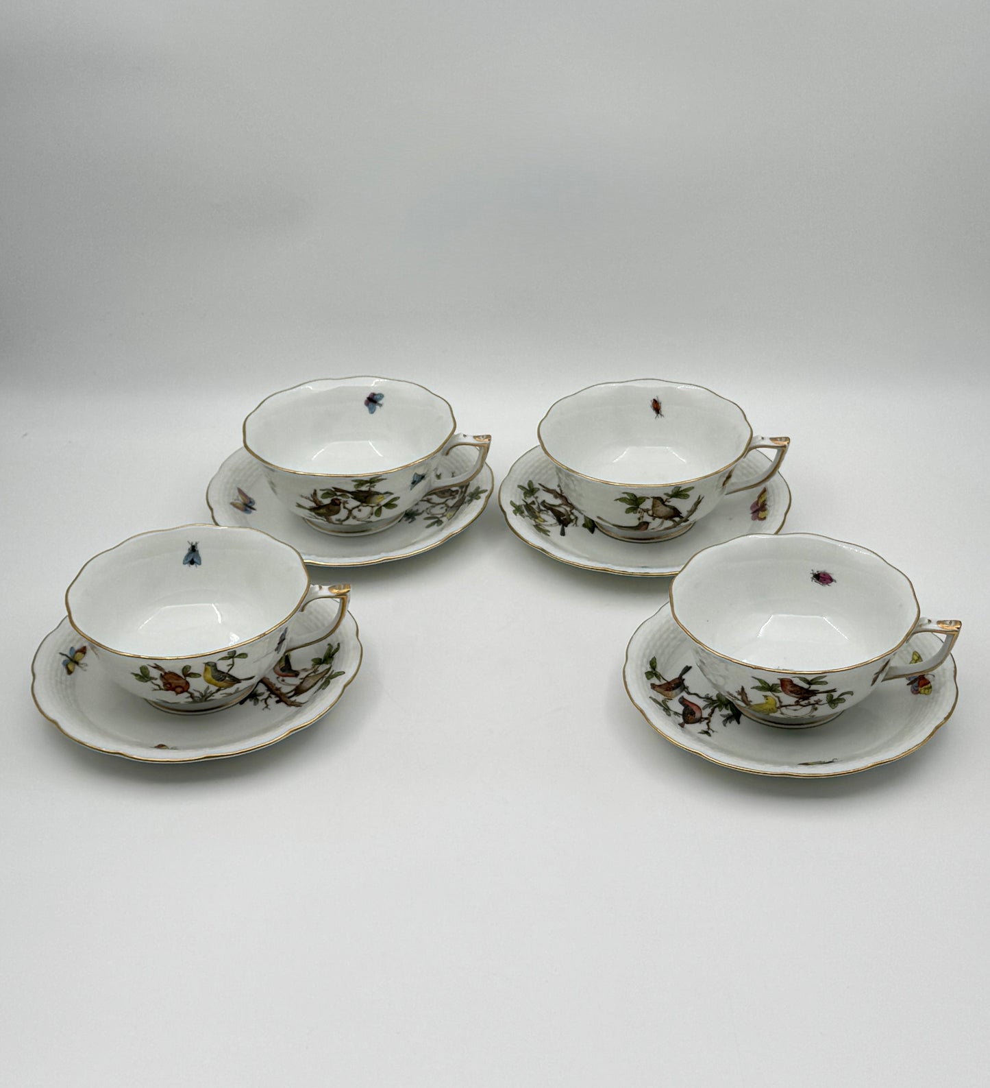 Herend Porcelain Cup & Saucer Set – Rothschild Bird & Butterfly – Set of 4
