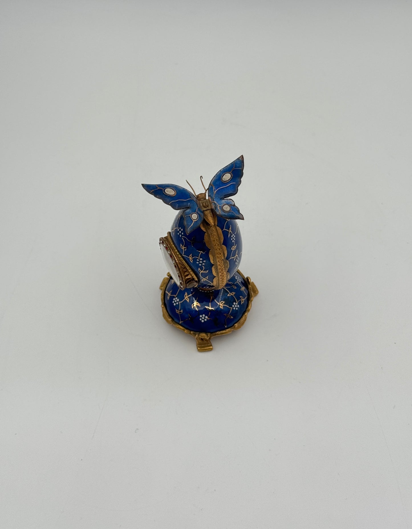 Blue Enamel Egg Clock with Butterfly Top – Gilt Accents