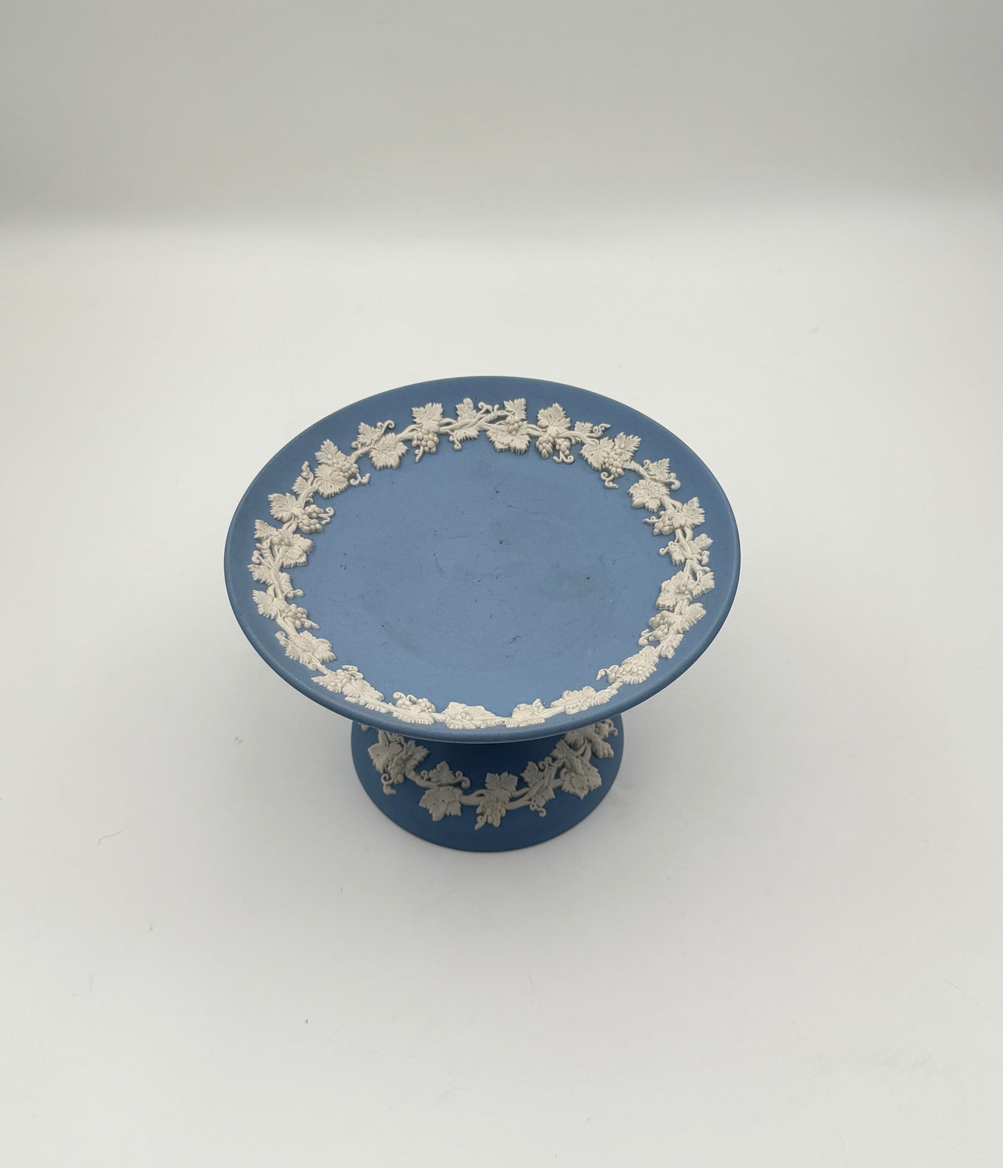 Wedgwood Blue Jasperware Pedestal Bowl with White Grape Vine Relief
