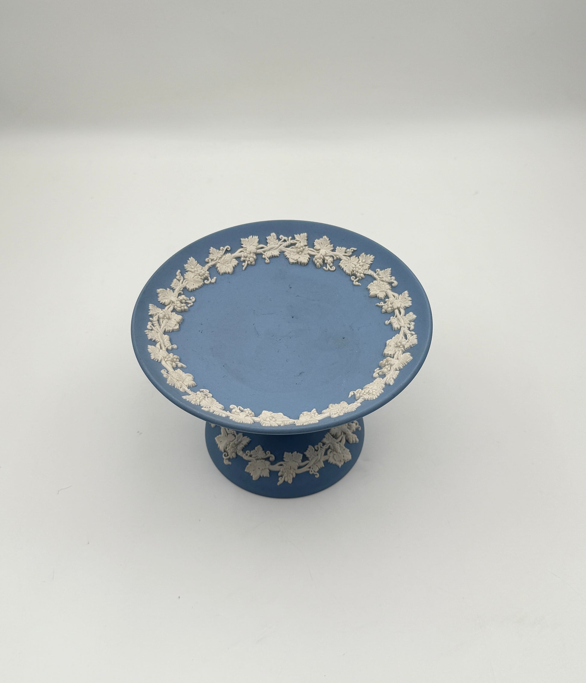 Wedgwood Blue Jasperware Pedestal Bowl with White Grape Vine Relief