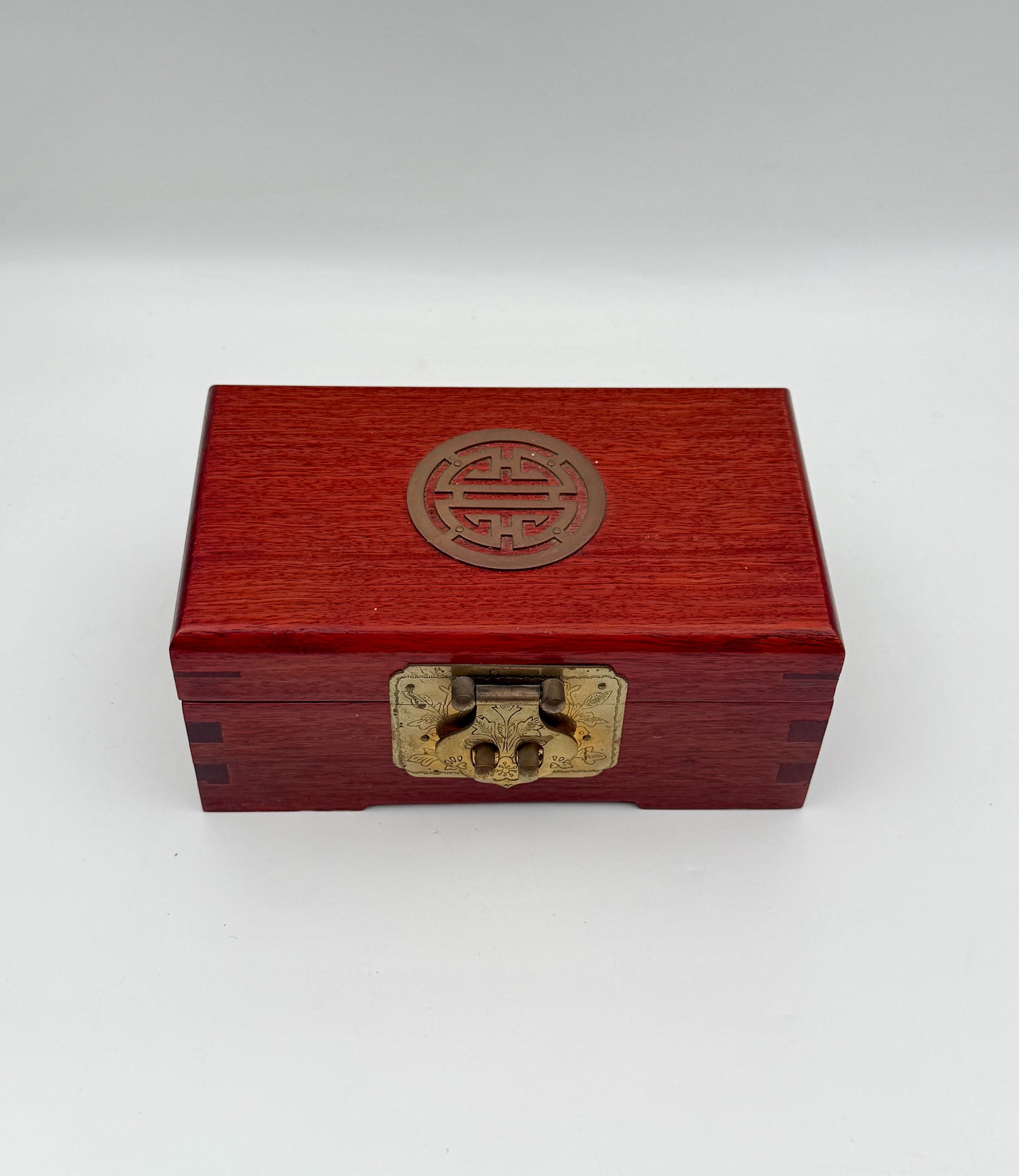 Wood Jewelry Box with Brass Lock and Red Silk Lining Storage Case