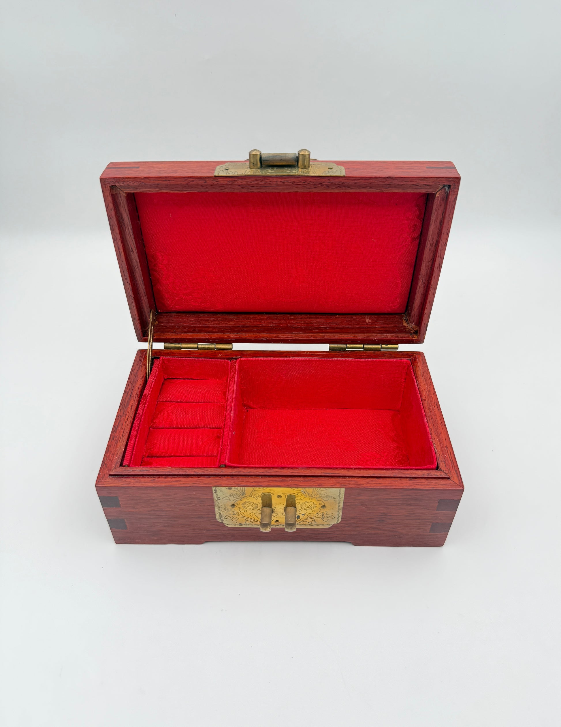 Wood Jewelry Box with Brass Lock and Red Silk Lining Storage Case