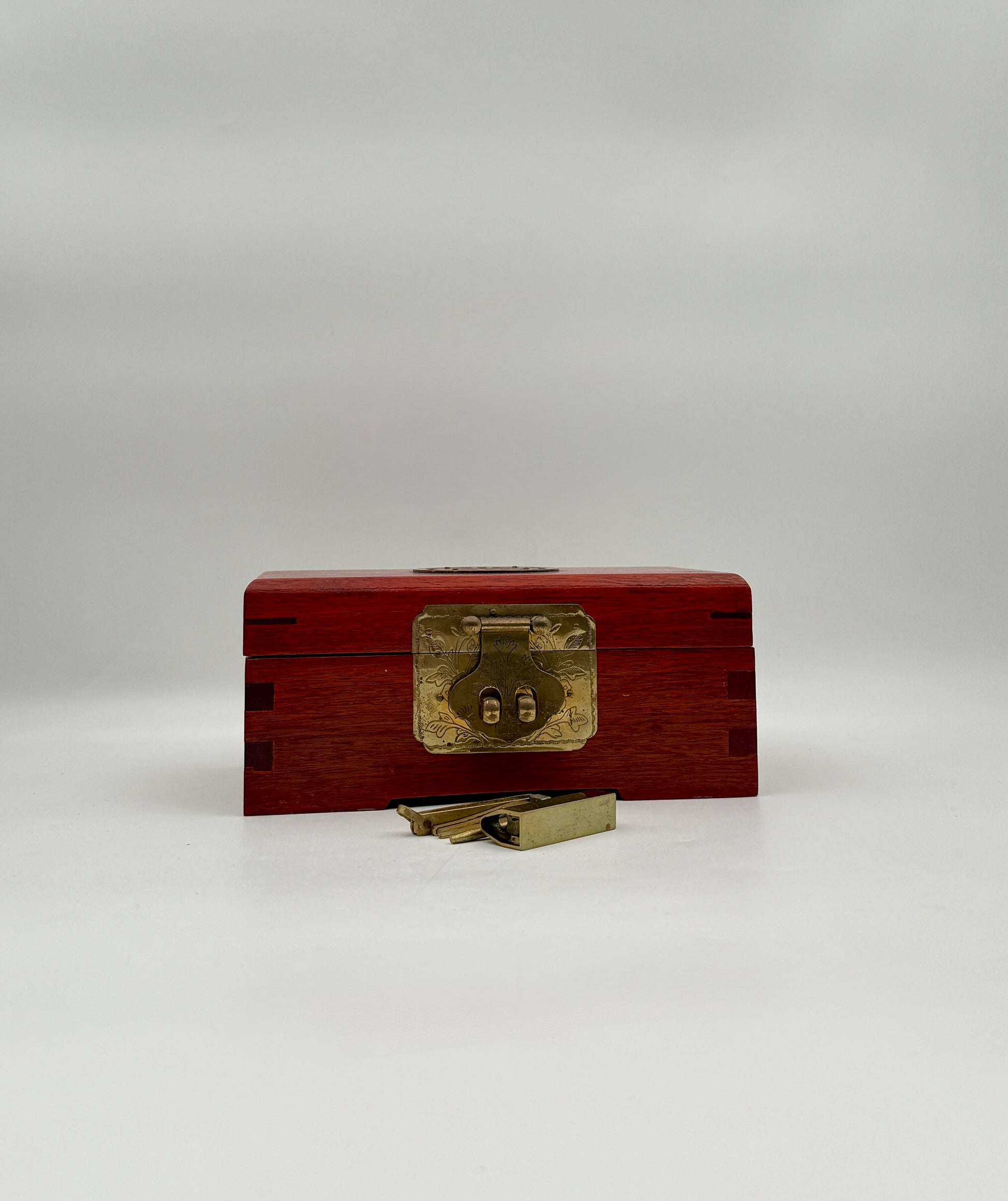 Wood Jewelry Box with Brass Lock and Red Silk Lining Storage Case