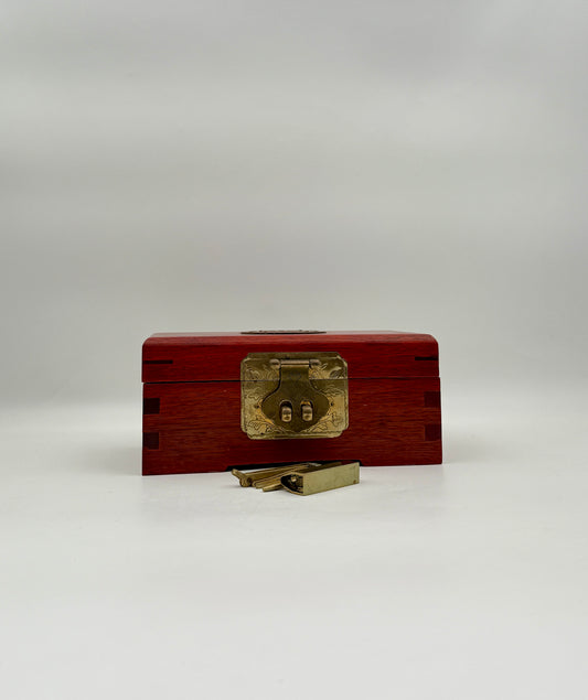 Wood Jewelry Box with Brass Lock and Red Silk Lining Storage Case