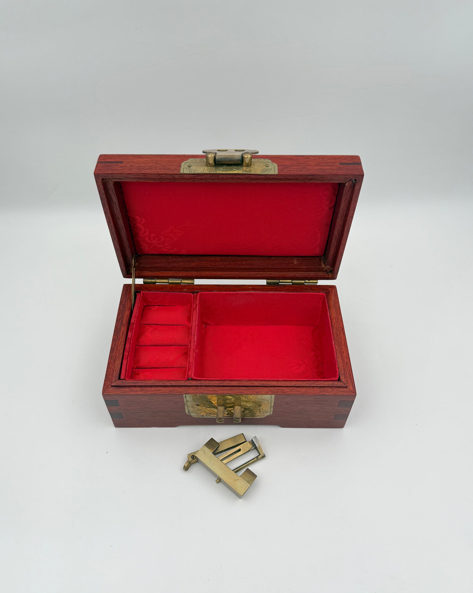 Wood Jewelry Box with Brass Lock and Red Silk Lining Storage Case