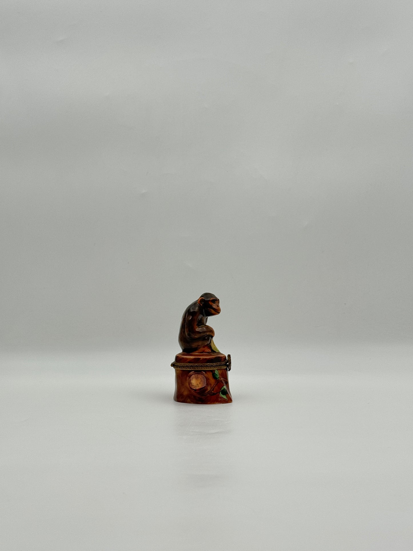 Limoges France Monkey on Stump Figurine by Rochard Porcelain Box 