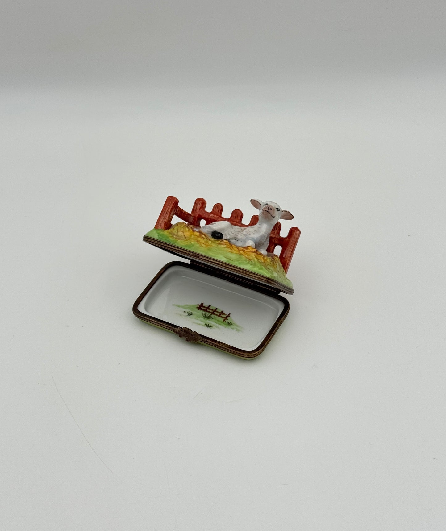 Limoges France Lamb Resting Figurine Porcelain Box c. 1975 French Art