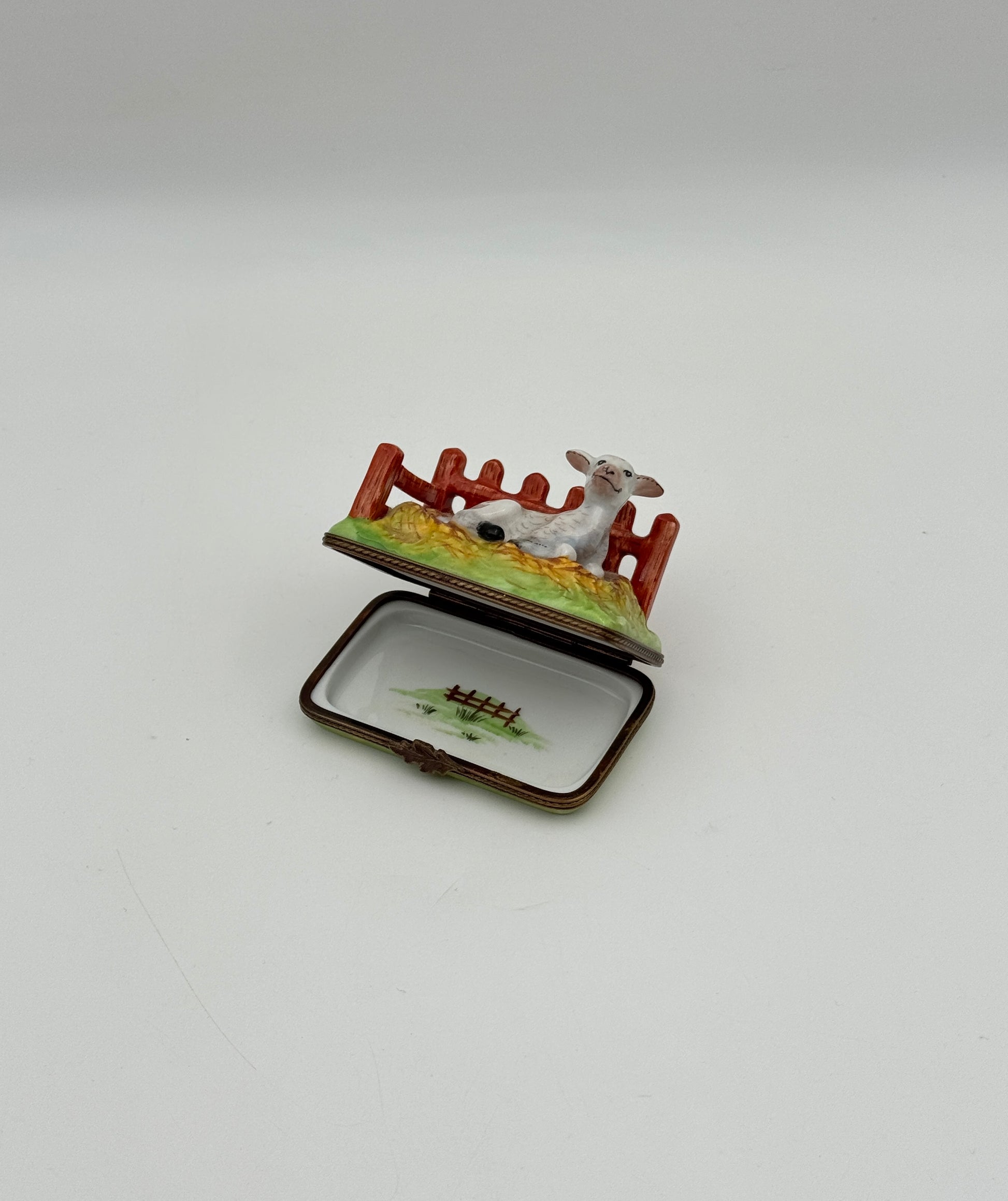 Limoges France Lamb Resting Figurine Porcelain Box c. 1975 French Art