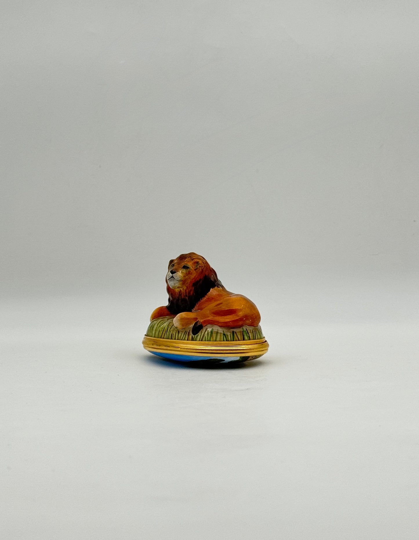 Halcyon Days Enamel Box with Resting Lion Figurine Collectible