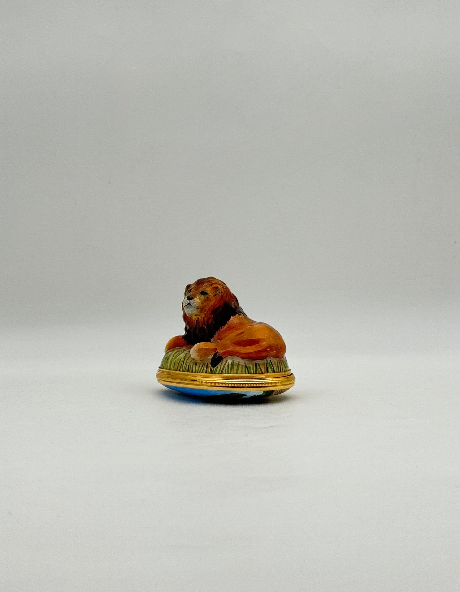 Halcyon Days Enamel Box with Resting Lion Figurine Collectible