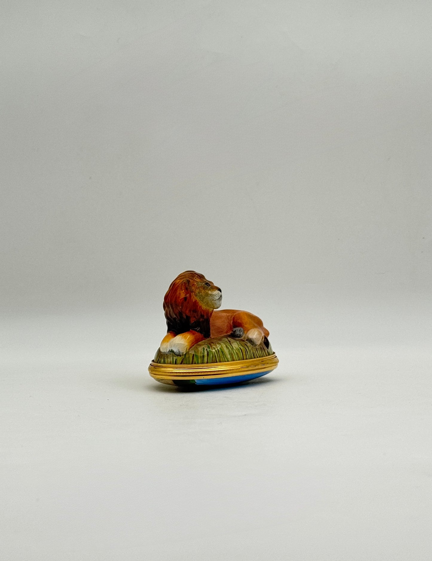 Halcyon Days Enamel Box with Resting Lion Figurine Collectible