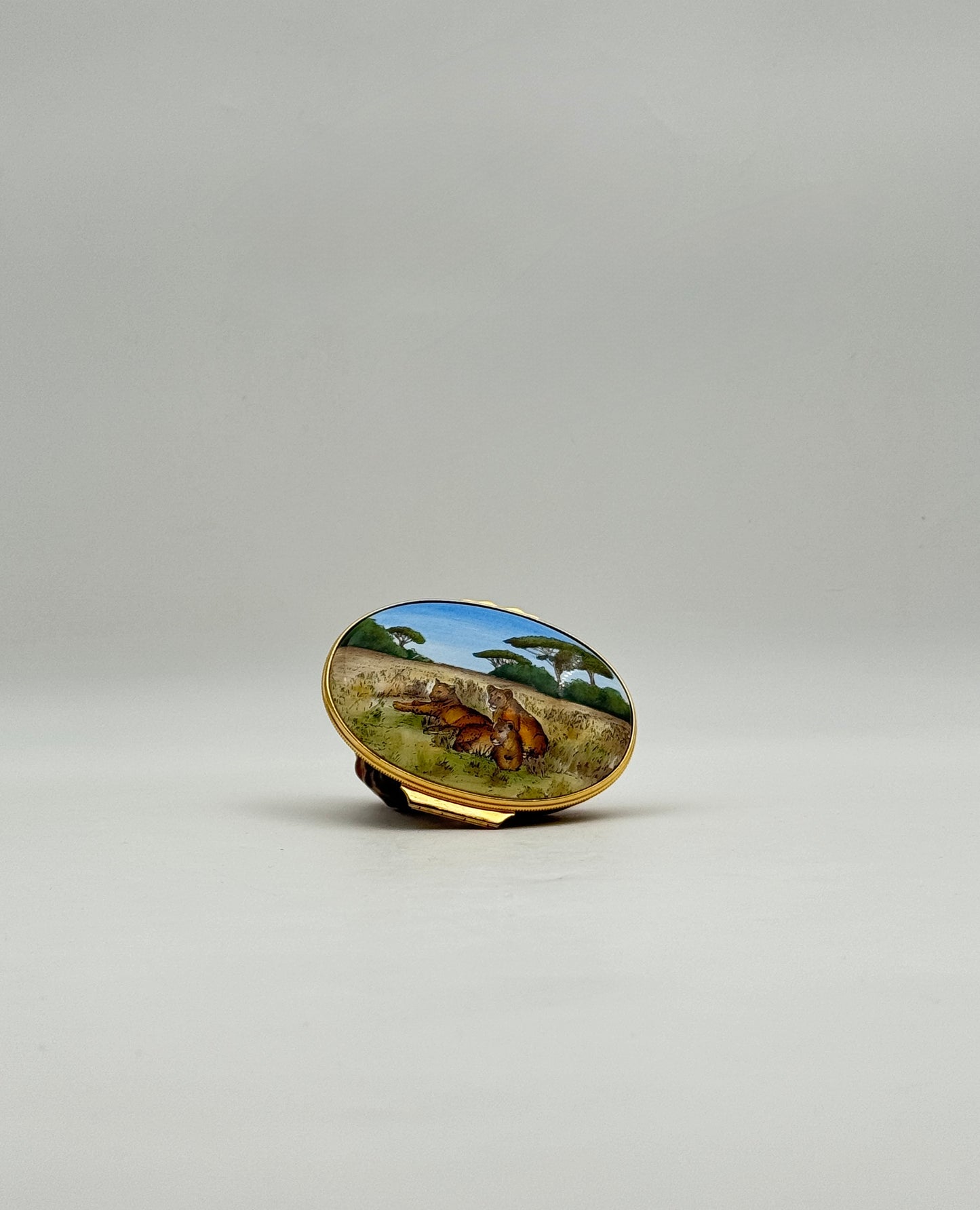 Halcyon Days Enamel Box with Resting Lion Figurine Collectible